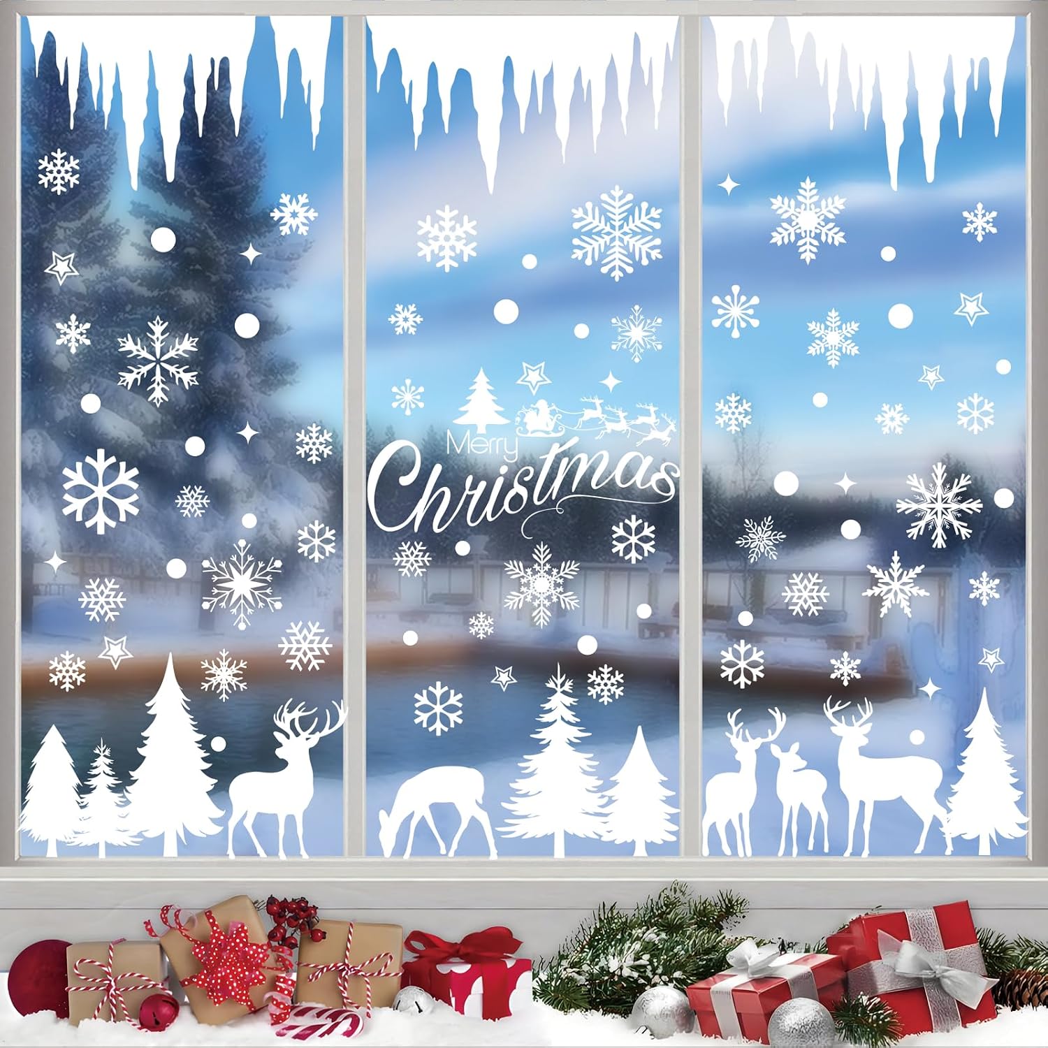 Merry Christmas Window Clings for Glass Window, Snowflakes Decorative Window Stickers, Deer Home Office Decor Holiday Decoration Party Supplies