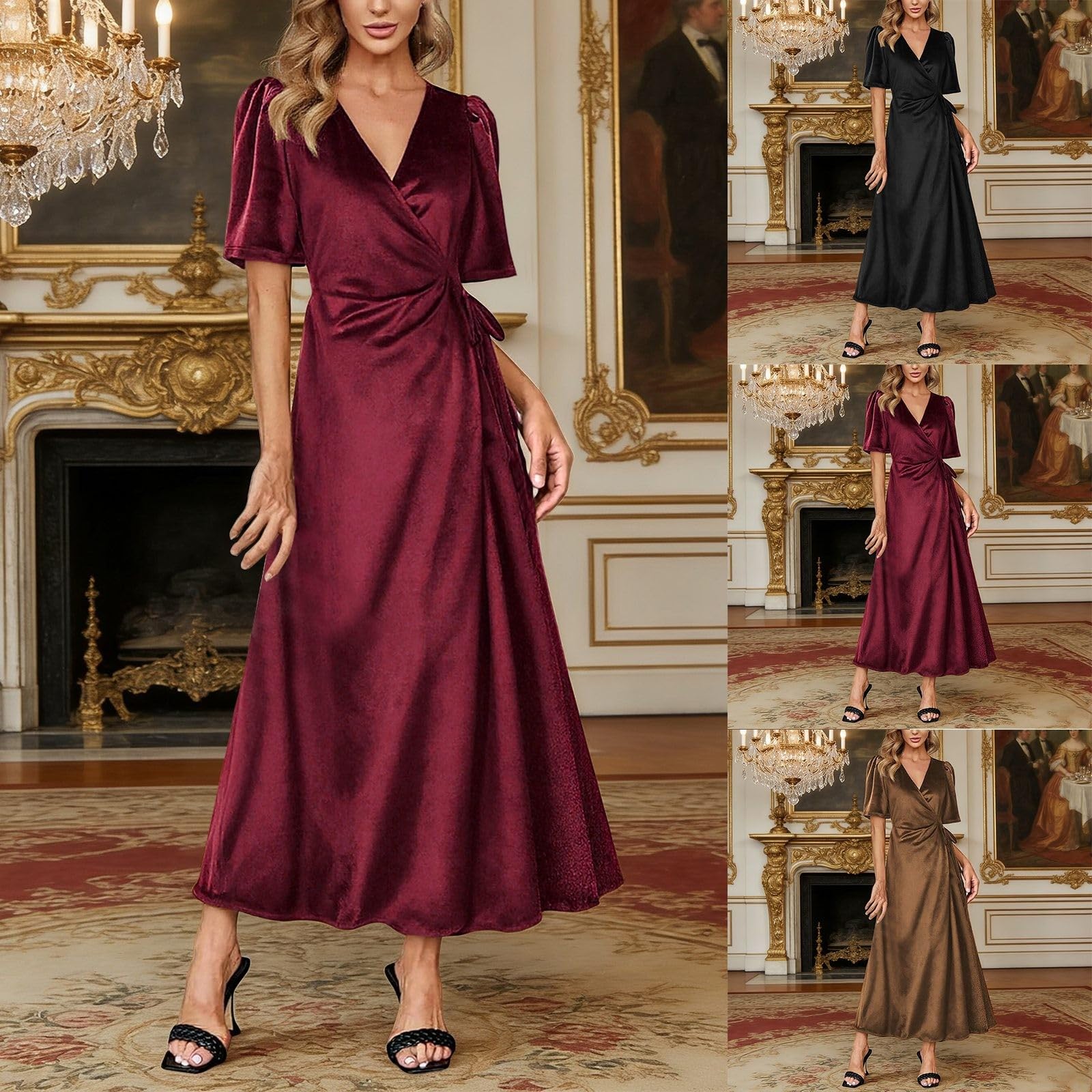 Vestido de invierno para mujer, cuello en V, manga corta, vestido de terciopelo, cintura alta, vestido de túnica, elegante, vestido de noche, vestido de baile, vestido de fiesta, vestido de