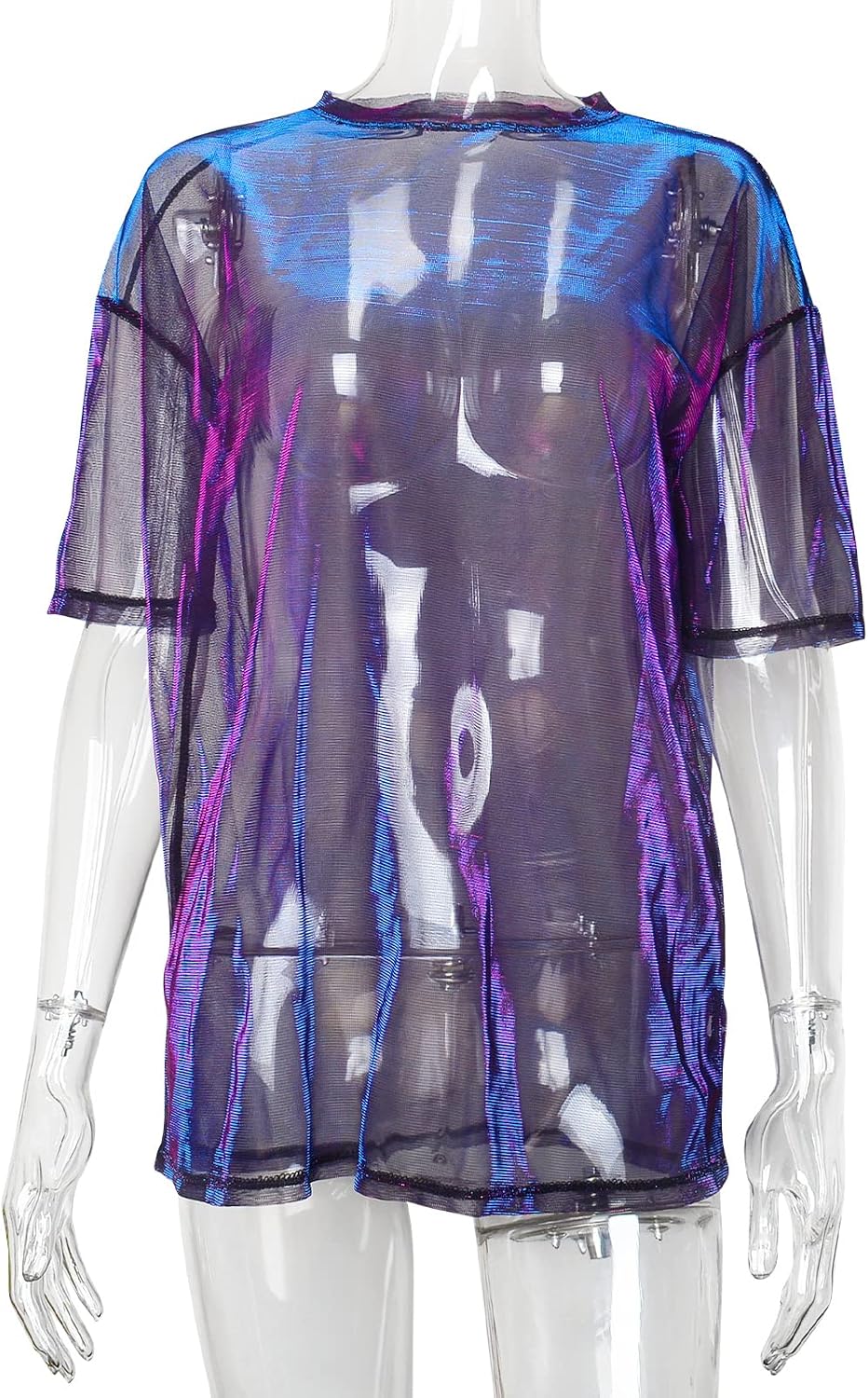 Kyerivs Metallic Mesh Top Plus Size Short Sleeve Sheer Tops Shirt Blouse Concert Tops Rave Outfit for Women
