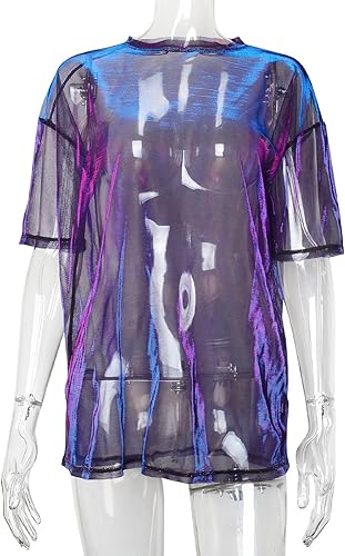 Miniatura 4 de Kyerivs Camiseta de malla metálica, talla grande, manga corta, transparente, blusa para concierto, traje de rave para mujer