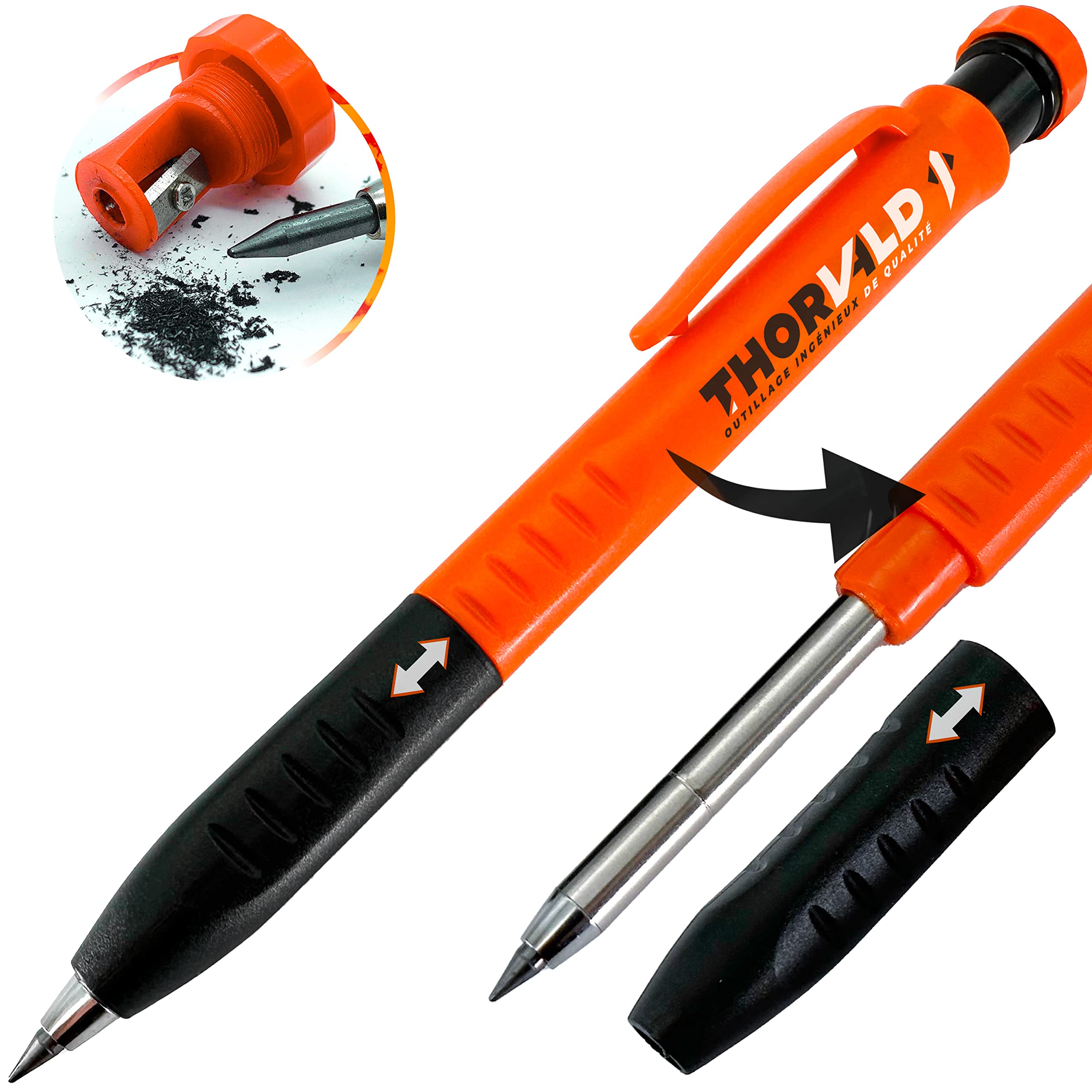 THORVALD Lápiz Carpintero Extensible [+ Sacapuntas + Agarre Ergonómico] – Herramientas de Bricolaje y Carpintería - Lápiz Carpintero Profesional con Punta de Trazar para Madera Hormigón y Baldosas