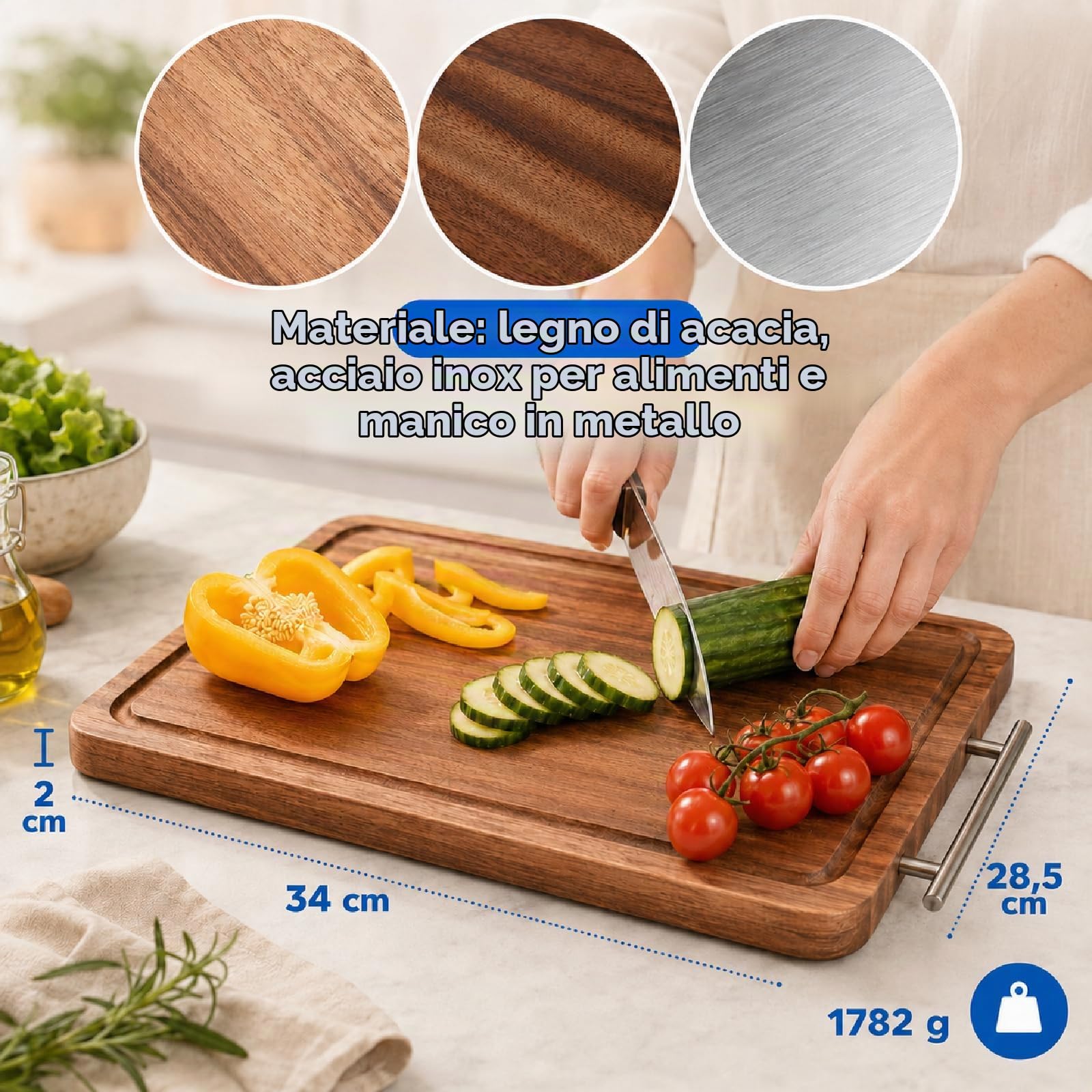 Tagliere Doppia Faccia Legno di Acacia e Acciaio Inox 34 x 28,5 x 2 cm | 2 in 1, Scanalatura per Succhi, Per Carne, Pesce, Verdure e Pane, Igienico, Facile da Pulire