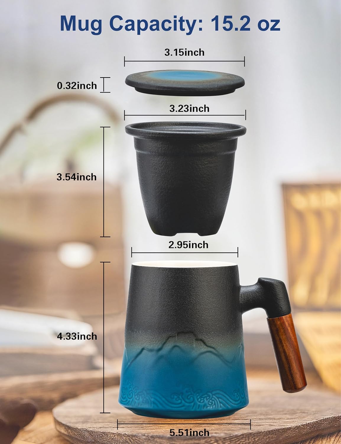 suyika Tea Cup with Infuser and Lid, 15.2 Ounce Wood Handle Ceramic Loose Leaf Mug Gradient Black&Blue 450ml - Image 3