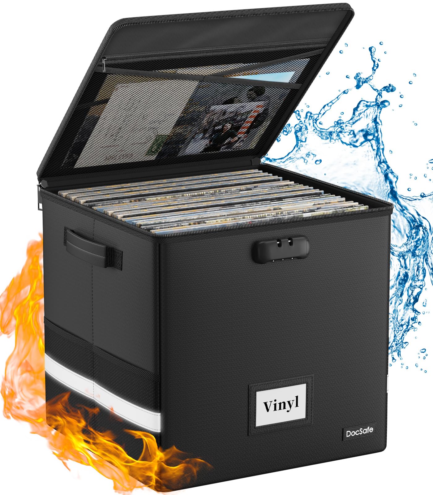 DocSafe Caja de almacenamiento de discos de vinilo con cerradura, caja de almacenamiento de vinilo ignífuga e impermeable para discos de 12 pulgadas, Black, 33x33x33cm, Moderno