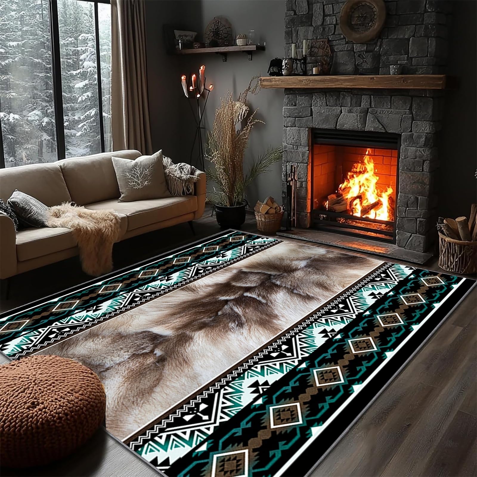 YJDRUG Aztec Tribal Area Rug 120x180cm, Native American Animal Skin Pattern Rugs, Vintage Farmhouse Short Pile Carpet, Non-Slip & Washable for Living Room, Bedroom Decor