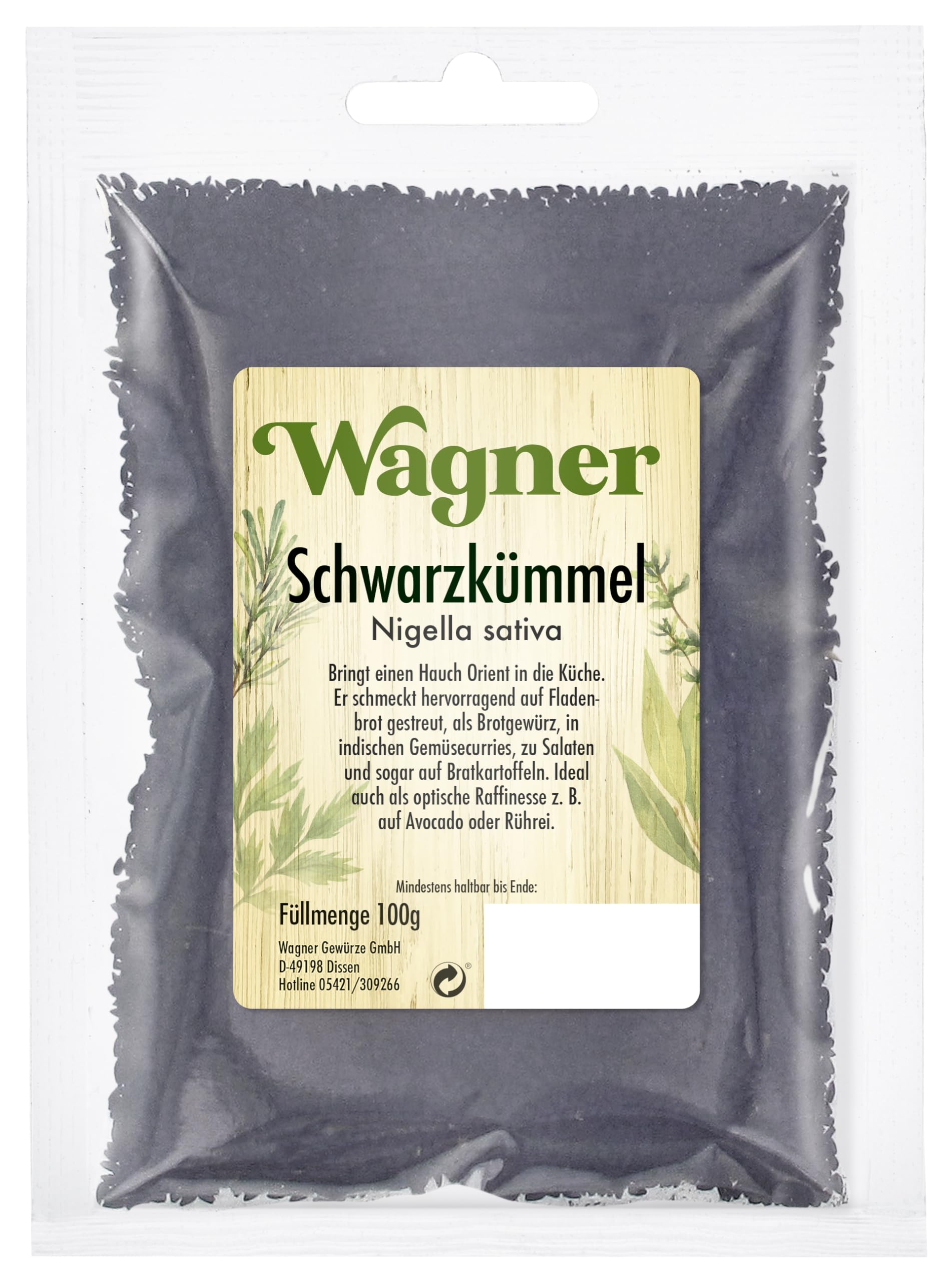 Wagner Gewürze Schwarzkümmel Samen aromatisches Gewürz für Brot, Kartoffeln, Gemüse & Eintöpfe, natürlich & ungemahlen, Schwarzkümmelsamen, 100 g
