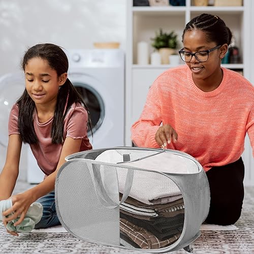 Miniatura 3 de GoodSing Cestas plegables para la ropa sucia, 2 compartimentos, cesta de almacenamiento de ropa plegable con asas, cesta desplegable duradera para
