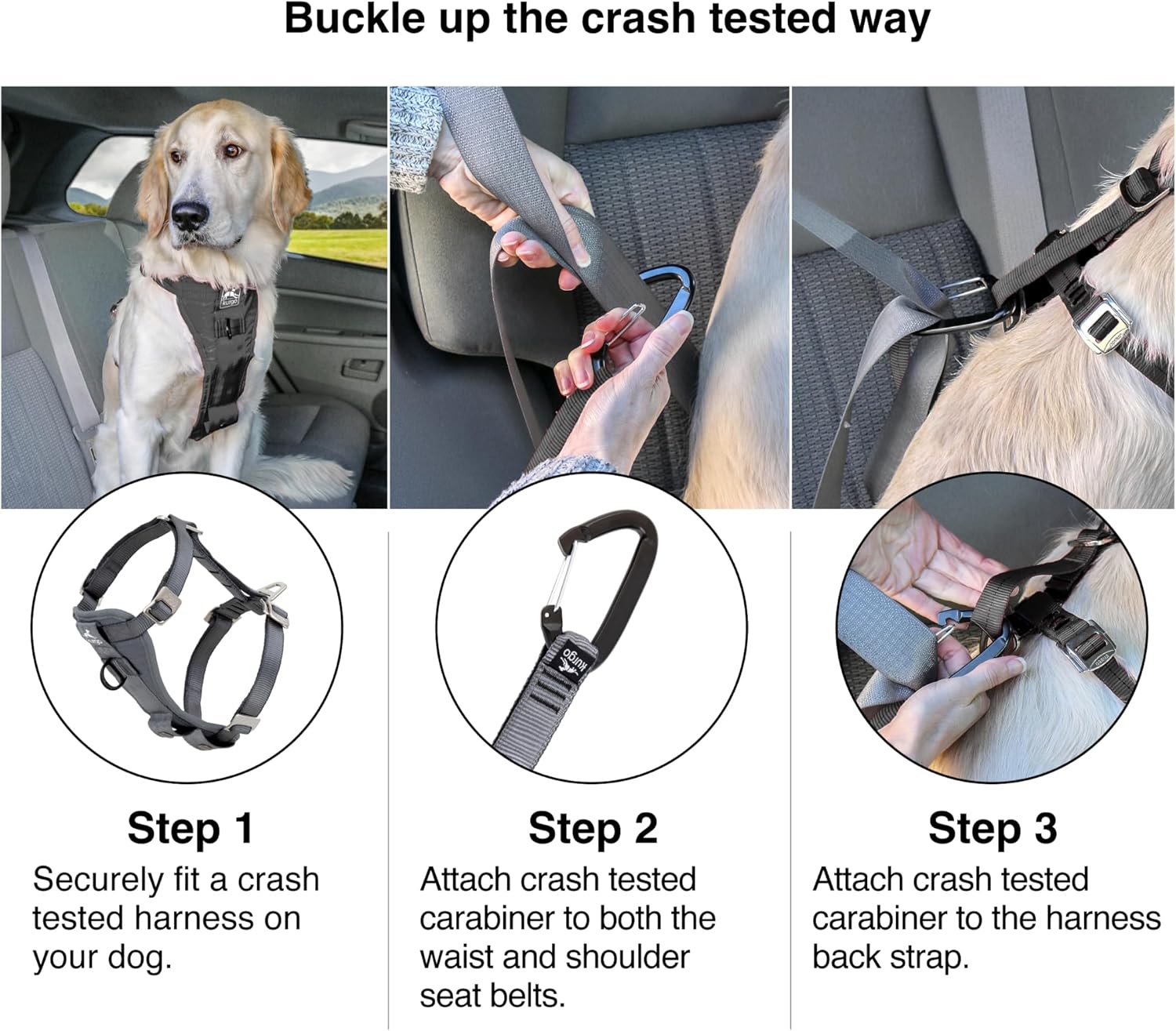 Kurgo Enhanced Strength Tru-Fit Dog Car Harness - Pet Travel Safety Harness - Crash Test Certified Fit - Five Point Adjustment - Secure Buckle - Padded Chest - Charcoal - Medium