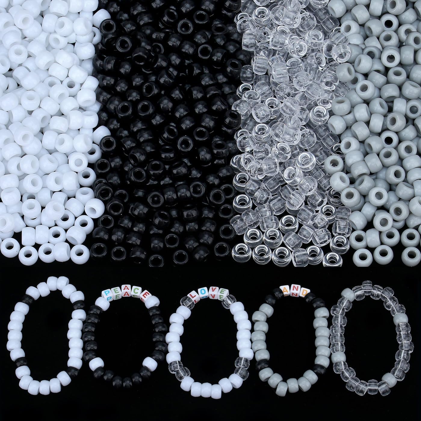 ZHIYUXI 1000PCS Black and White Pony Beads Bulk for Bracelets Making 6x9mm White and Black Pony Kandi Bead for Crafts Making Hair Beads for Braids