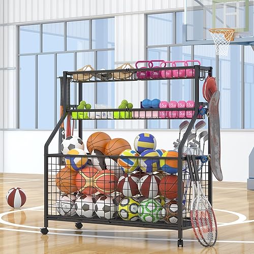 Miniatura 2 de Estante de almacenamiento de bolas, carrito organizador de equipo deportivo grande para garaje, gimnasio en casa, almacenamiento de equipo deportivo
