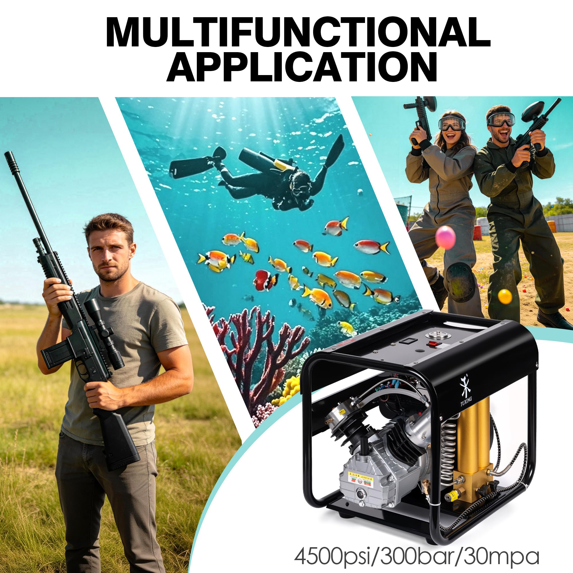 TUXING 4500Psi PCP-Luftkompressor, eingebauter zweistufiger Filter mit Wasser-Öl-Abscheider, Auto-Stopp-Version, zum Laden von Paintball-/Tauchflaschen, 220 V (TXEDM042)
