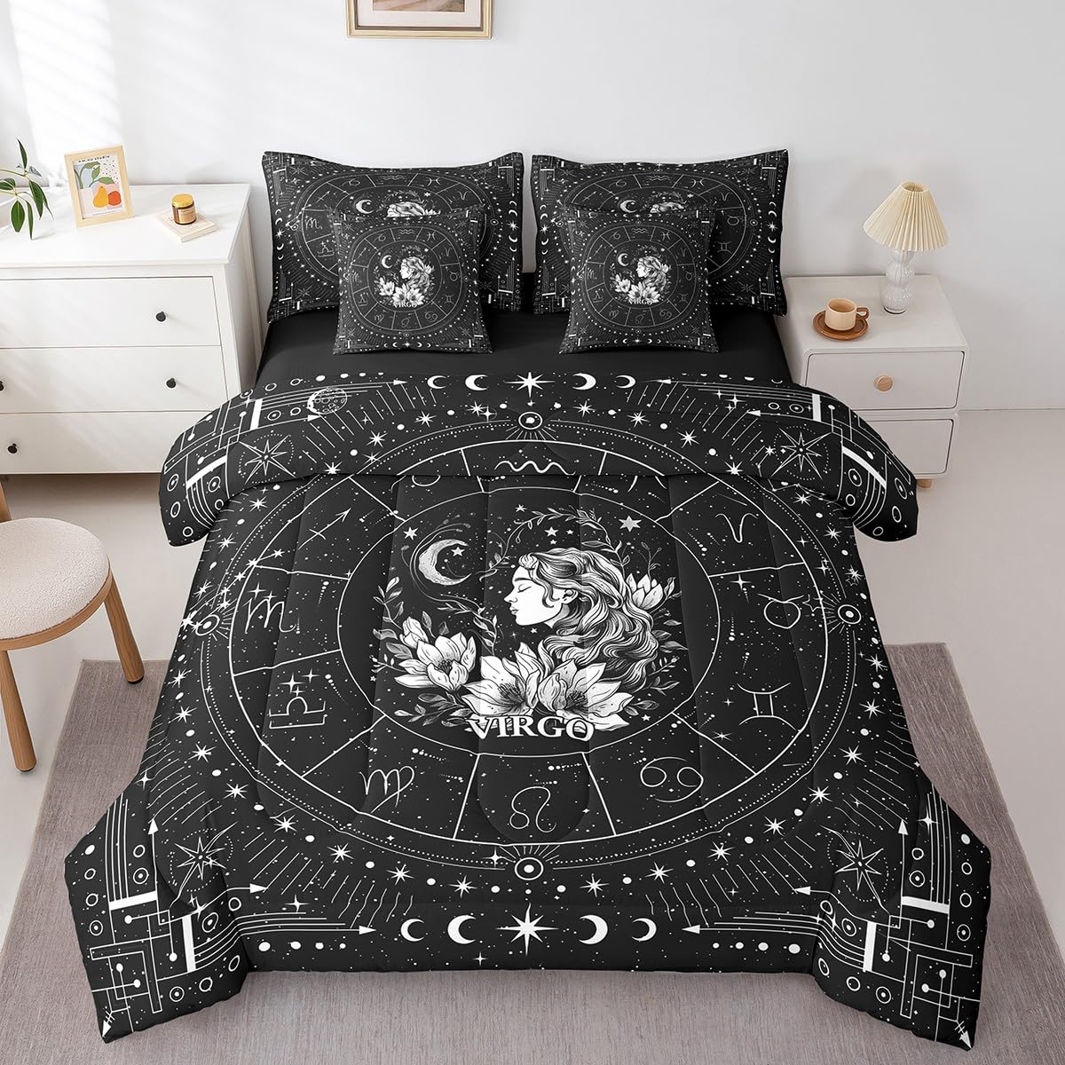 Feelyou Zodiac 7 Piece Bedding Set Twin Size Virgo Comforter Set with Sheets for Kids Boys Girls Teens Moon Star Pattern Bed in a Bag Universe Cloud