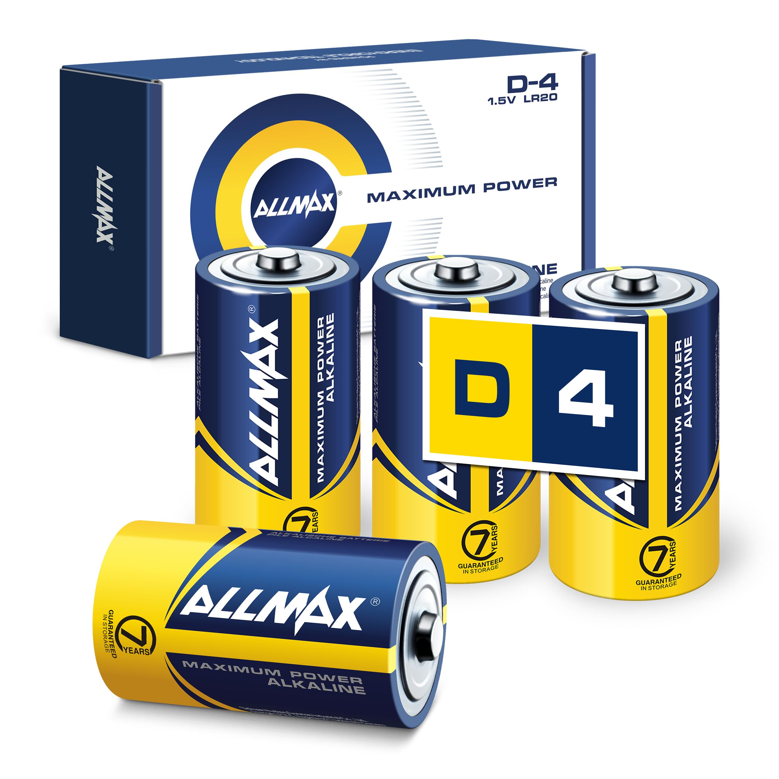 Allmax D Maximum Power Alkaline Batteries (4 Count) – Ultra Long-Lasting, 7-Year Shelf Life, Leakproof Design, Superior Performance – 1.5V