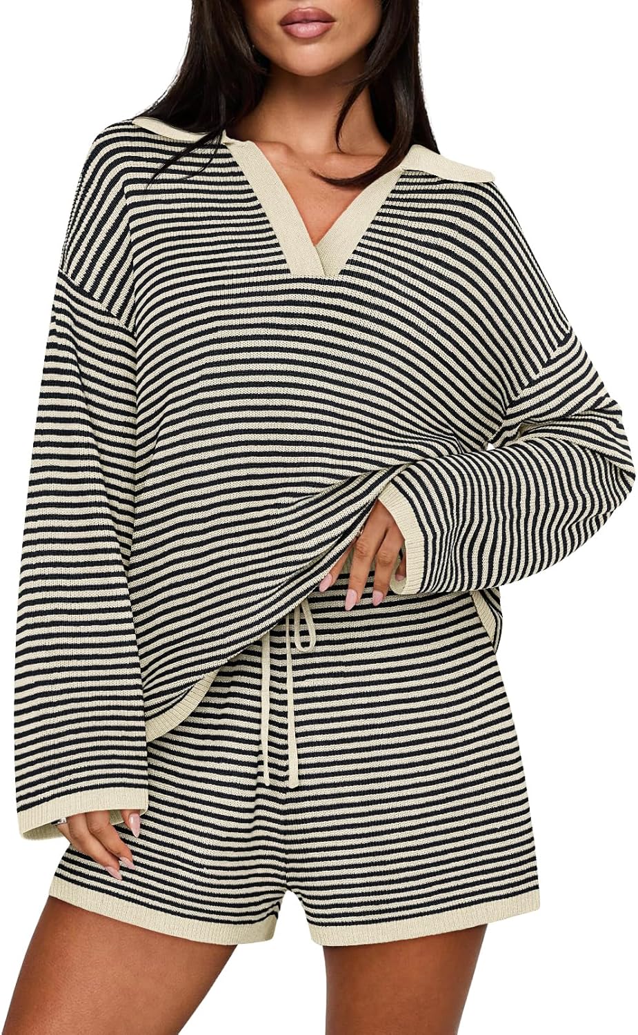 MEROKEETY Lounge Sweater Sets for Women 2 Piece Outfits Casual Long Sleeve Striped Tops Shorts Matching Set