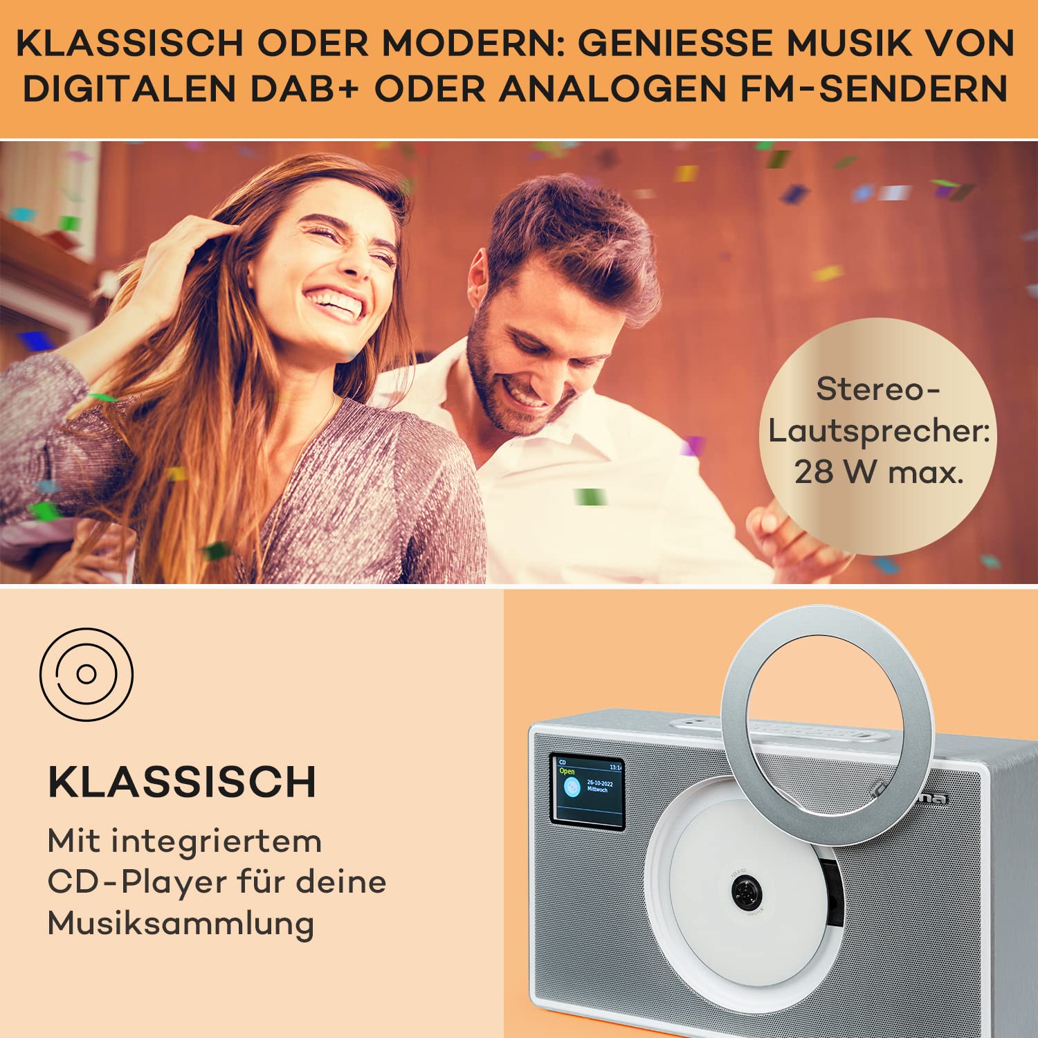 Auna Radio für Küche & Bad, DAB Radio mit CD Player zur Wandmontage, DAB Plus mit Bluetooth, DAB/DAB+/FM, LCD Display, MP3, Streaming, Digitalradio Klein, mit Wecker & Fernbedienung