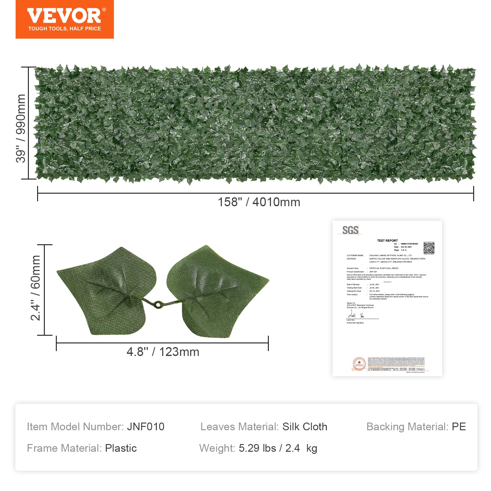 VEVOR JNF010 Ochrona prywatności, 1 x 4 m, sztuczny ekran ścienny, płot z bluszczu zieleniowego z podkładem z siatki i wzmocnionym połączeniem, sztuczne żywopłoty, dekoracja liści winorośli, do