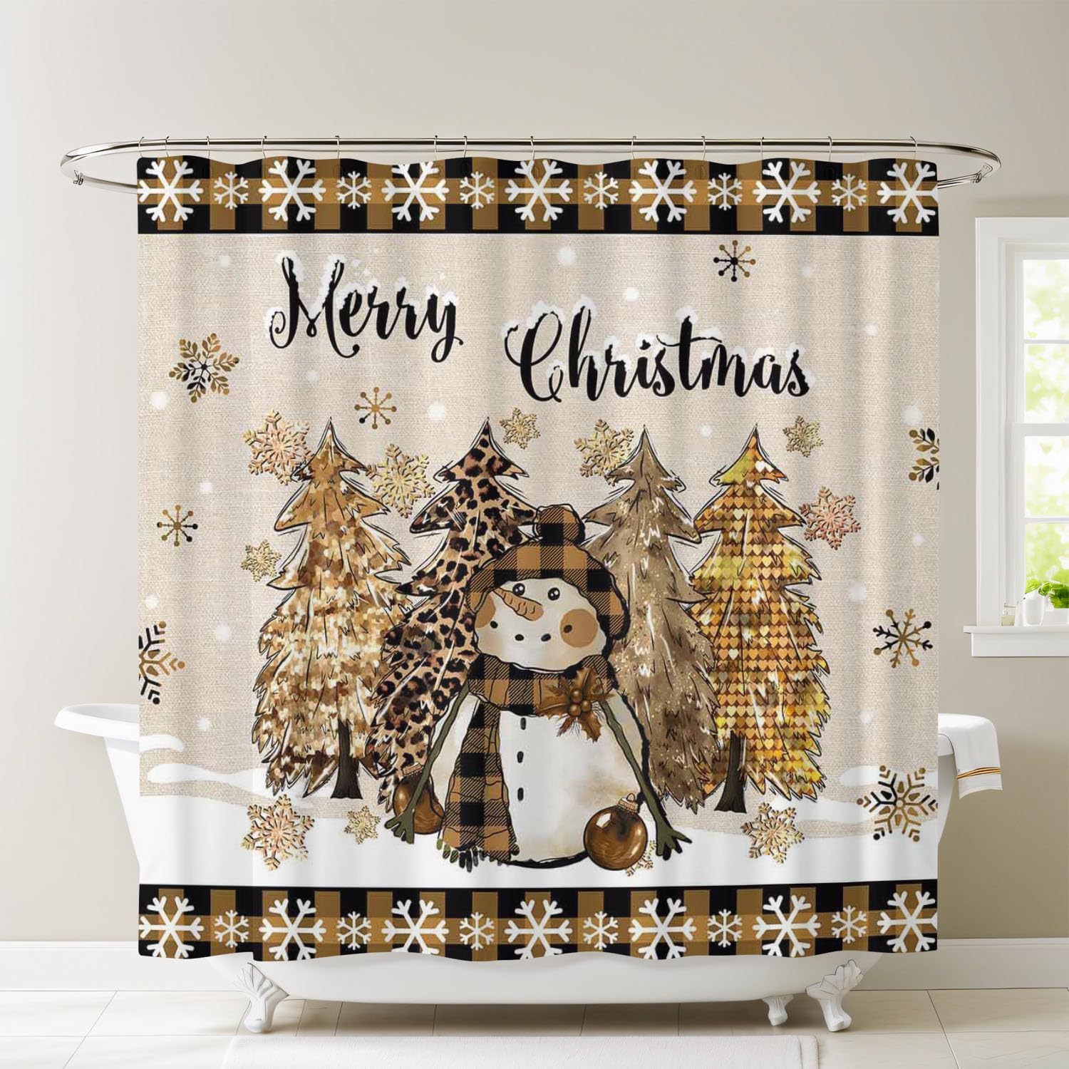 Christmas Snowman Shower Curtain Winter Farmhouse Buffalo Plaid Xmas Tree Bathroom Curtain Set Merry Christmas Polyester Fabric Bathtub Decor with 12 Hooks 72 x 72 Inch