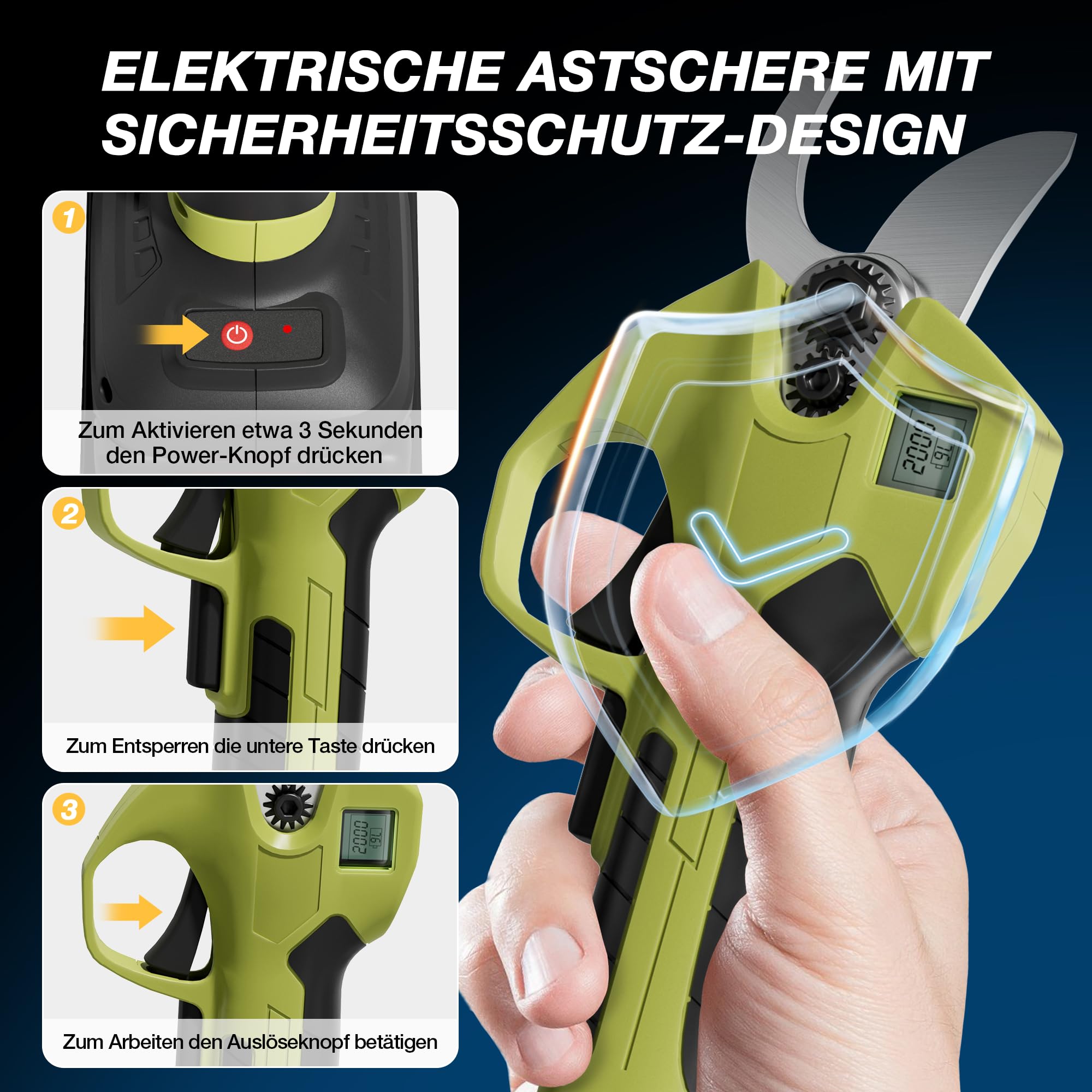 Akku Astschere Professionelle Elektrische Gartenschere mit LCD-Anzeige | Bürstenloser Motor | 2 x 2000mAh 21V Akkus | Max. 40mm Schnittdurchmesser | Sicherheitsschalter | Für Äste & Sträucher