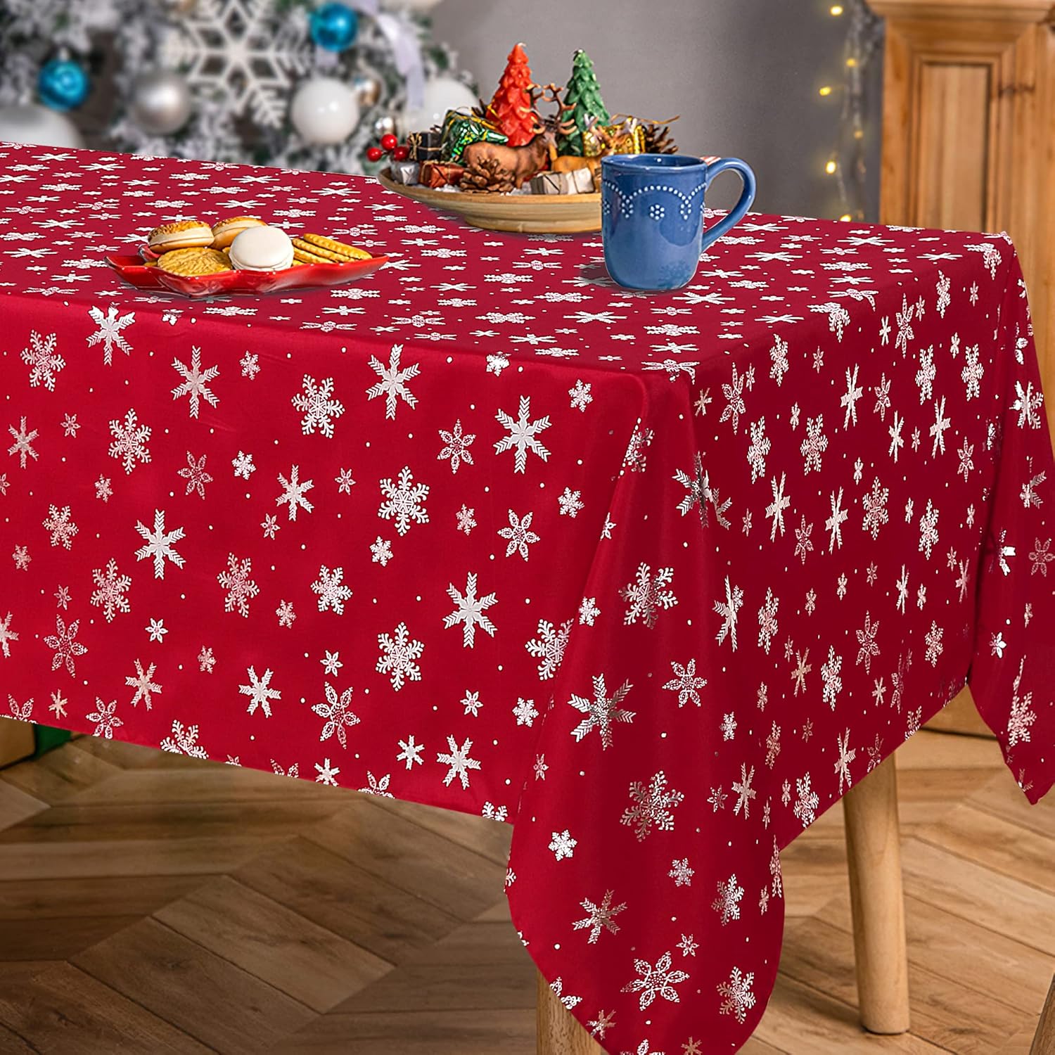 LUSHVIDA Christmas Tablecloth Rectangle - 60x120 inch Snowflakes Foil Print Pattern Washable Wrinkle Resistant Holiday Tablecloths for Christmas Family Gathering, Dining Room Table 130GSM