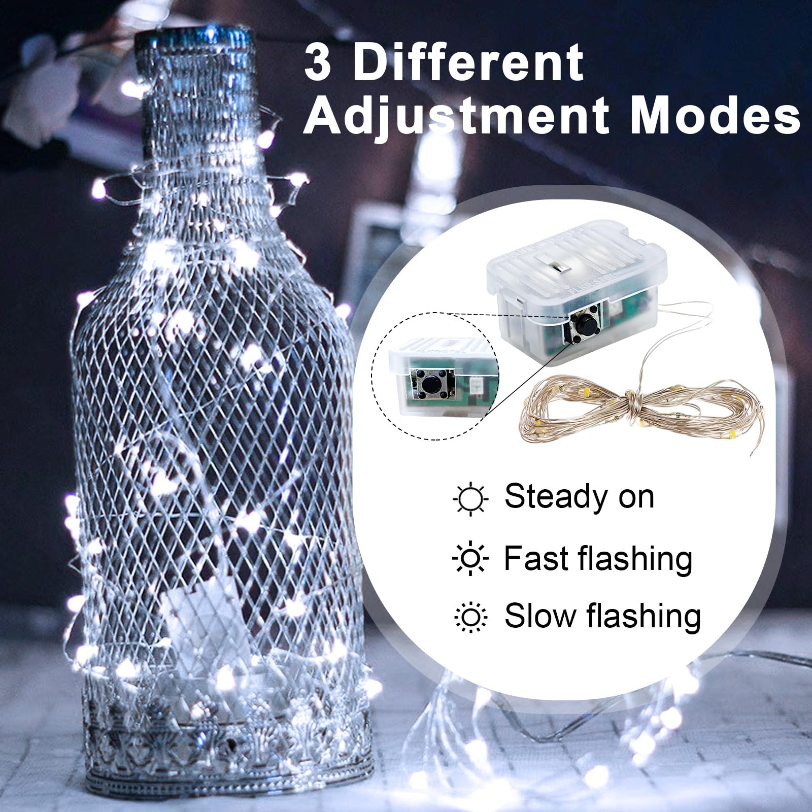 pozzolanas Paquete de 50 luces blancas de hadas que funcionan con pilas, 3 modos de 7 pies, 20 luces LED impermeables, alambre plateado centelleante para tarros de masón, boda, Navidad, Halloween