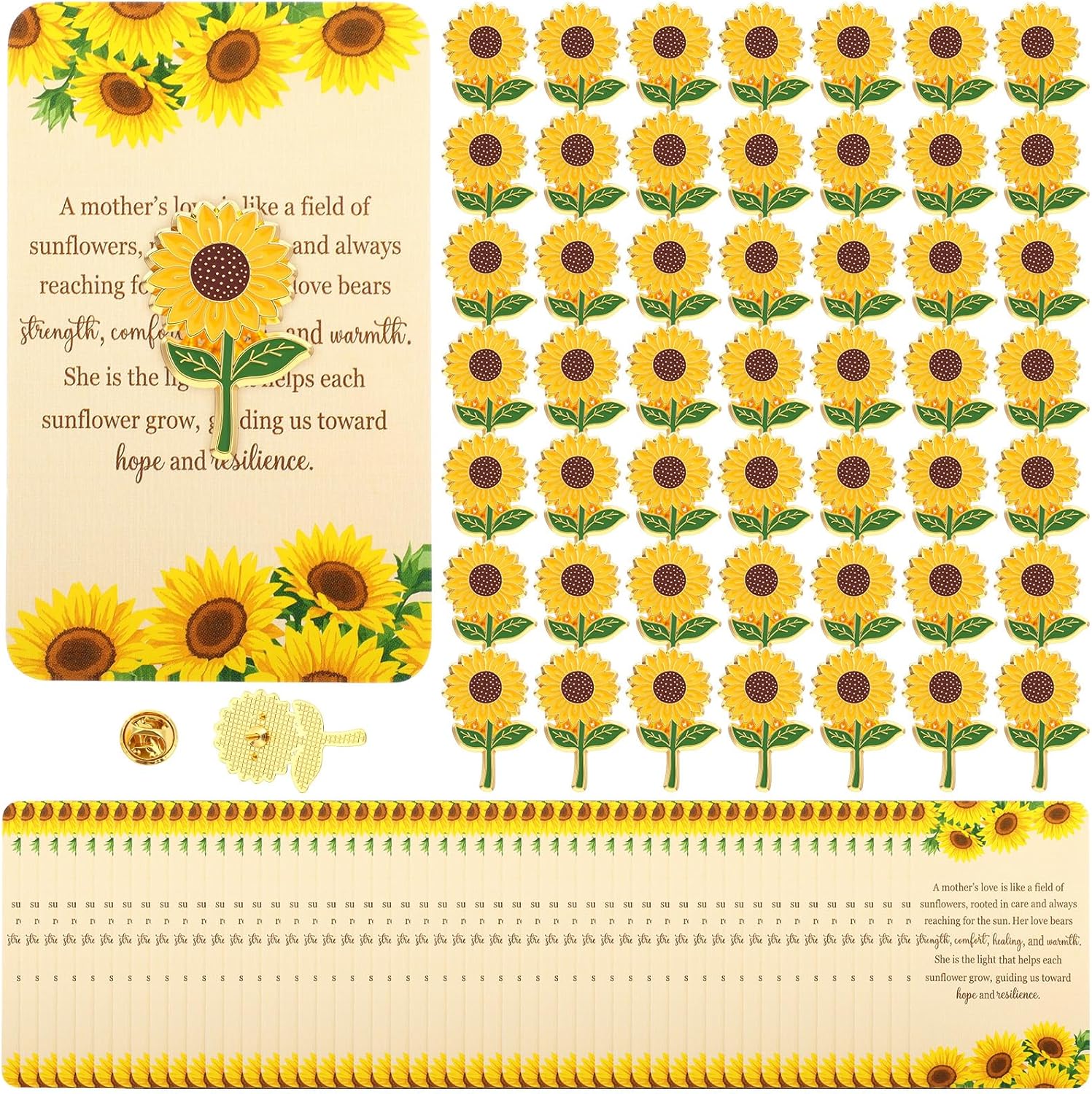50 Packs Sunflower Lapel Pins Enamel Brooch Pins Bulk with 50 Cards Gifts for Mom Accessories