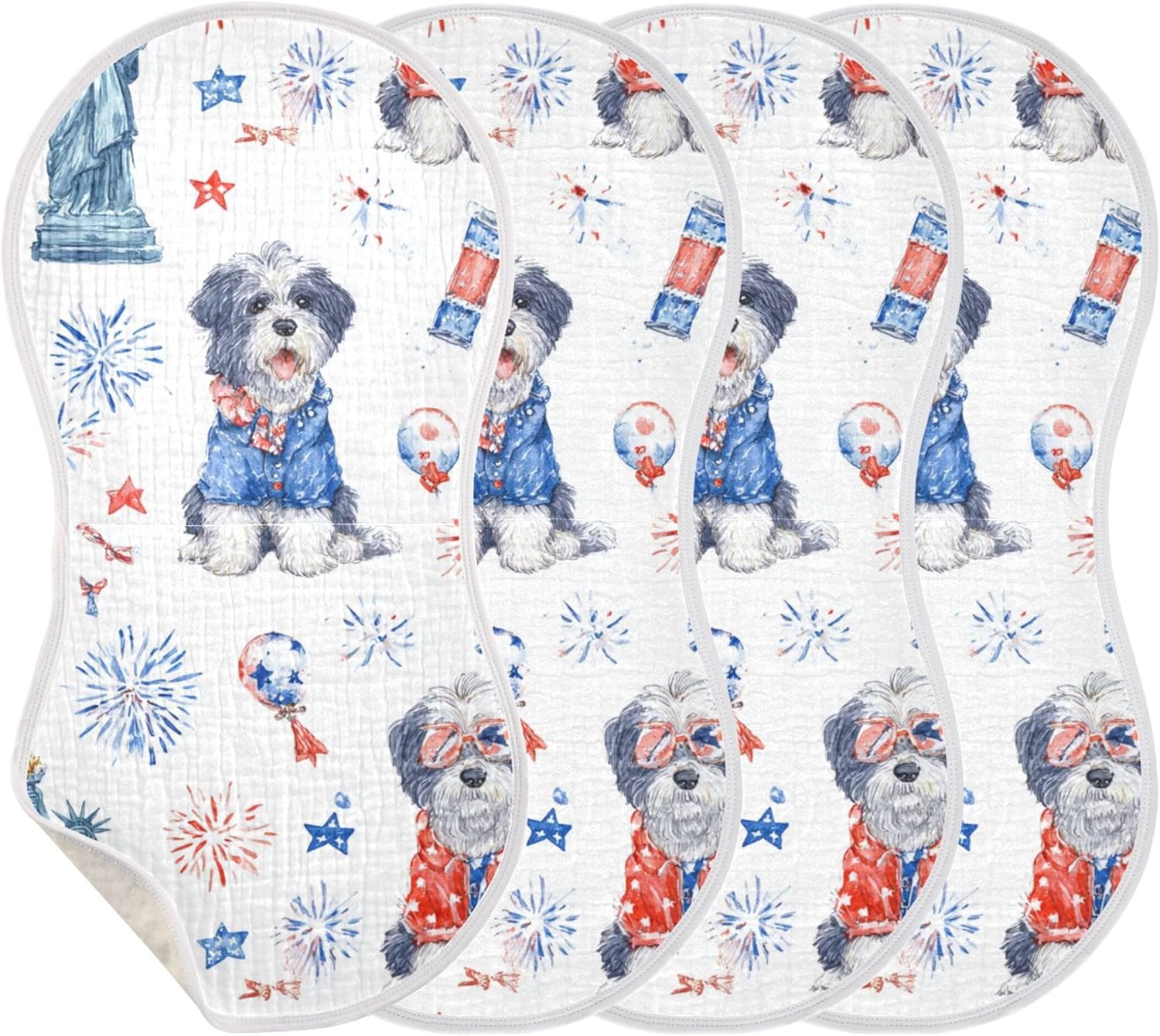 July 4th Dog Funny Burp Cloths Baby Boys Girls Absorbent Soft Cotton Burping Cloths Rags 4 Pack