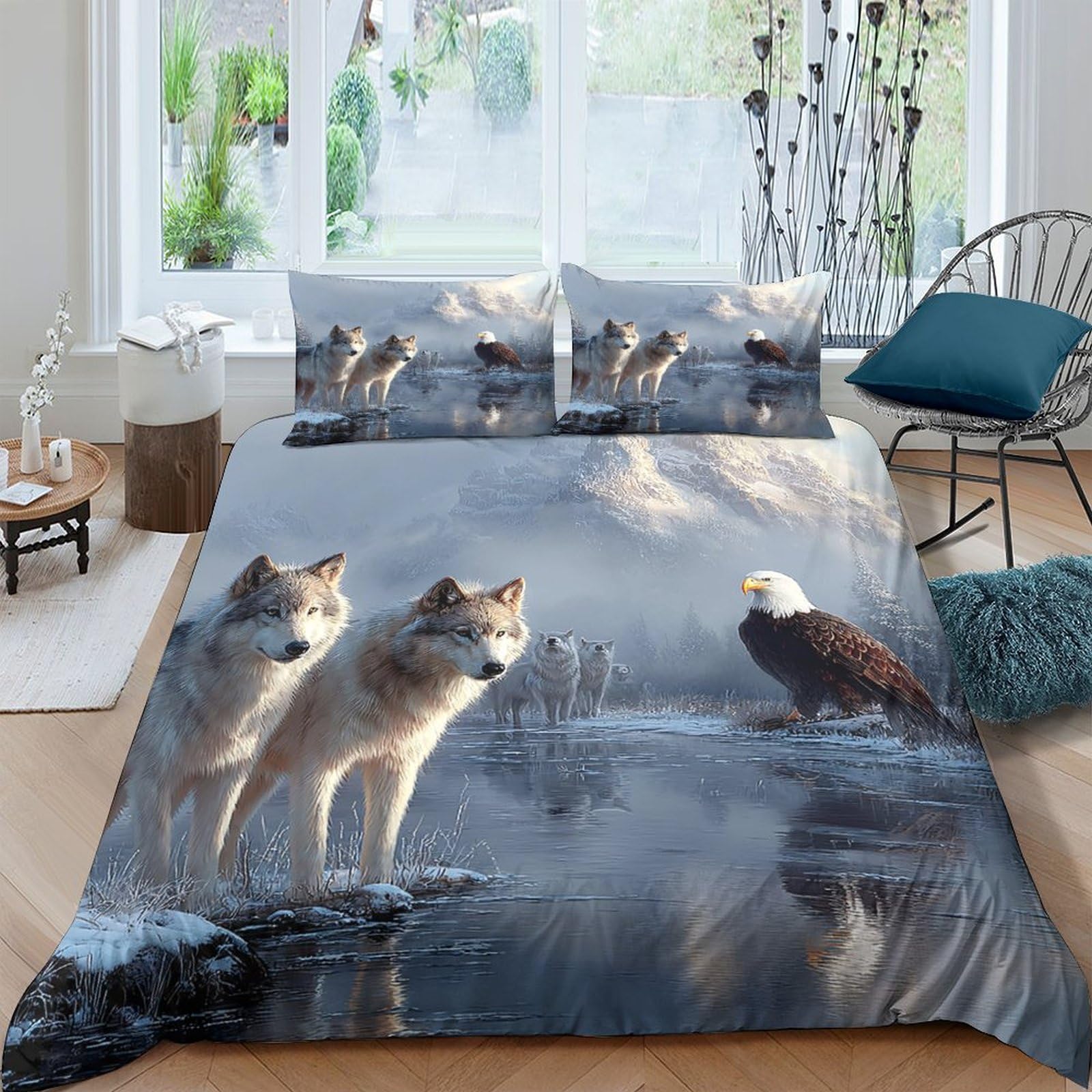 Ctjqhvkz Style-5 3D Printed Wolf Forest Fitted Sheet Microfiber Soft Eagle Lake Bed Cover For Bedroom Dorm Mattress Decor Single（135X200cm）