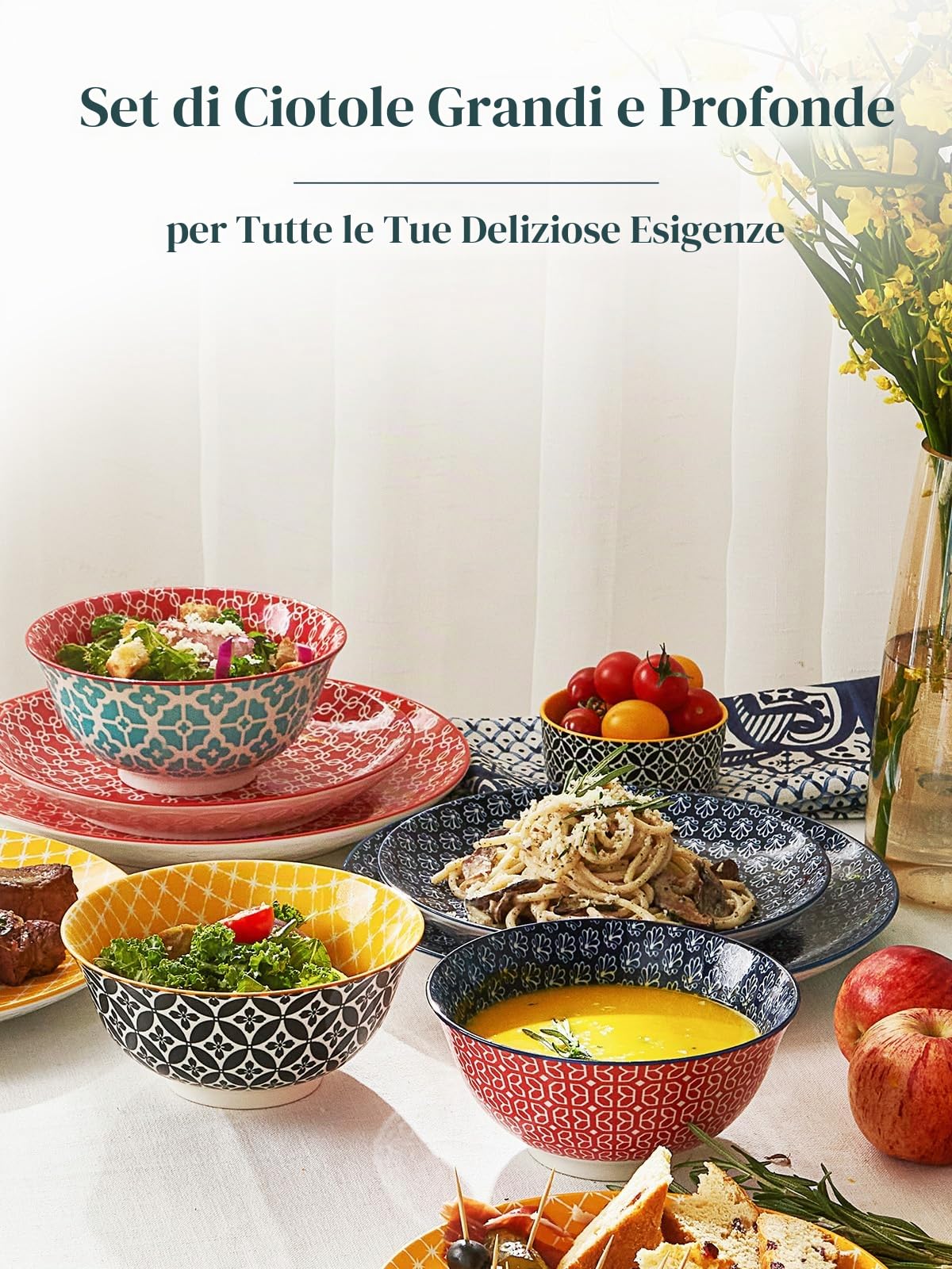 DOWAN Ciotole da dessert in ceramica, 945 ml, colori vivaci, per il giorno del Ringraziamento e Natale, grande set di ciotole per pasta, insalata, gelato e farina d'avena, set da 6