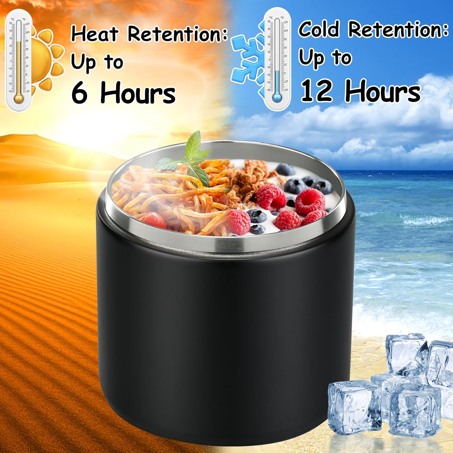 19oz Insulated Vacuum Food Jar with Buckle Lid Wide Mouth Soup Thermo for Hot Food Kids Leakproof Stainless Steel Lunch Container- Black-1Pack - Image 5