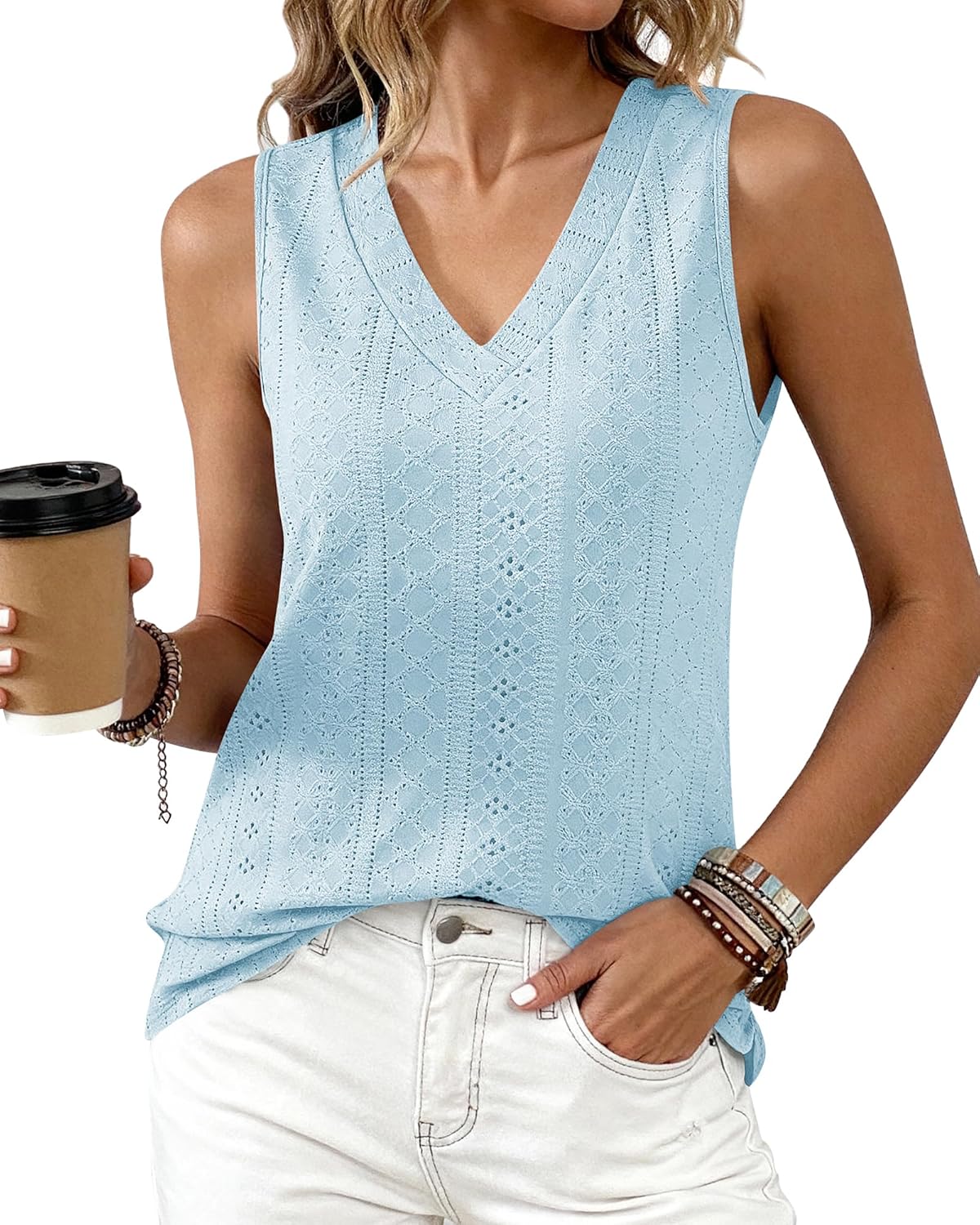 Womens Tank Tops 2026 Summer Casual Loose Eyelet V Neck Sleeveless Shirts Basic Spring Top Beach Vacation Clothes