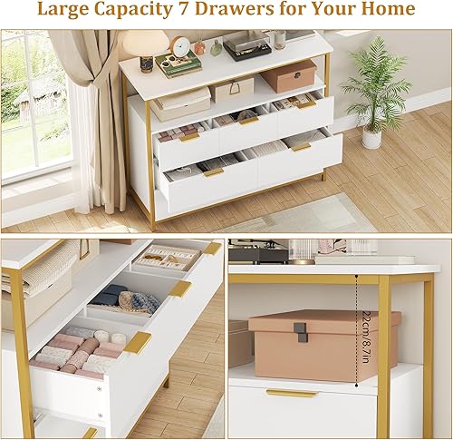Miniatura 5 de Cómoda moderna de 7 cajones, cómoda blanca con asas de metal, cómoda blanca y dorada, cómoda alta, organizador de almacenamiento de gran capacidad