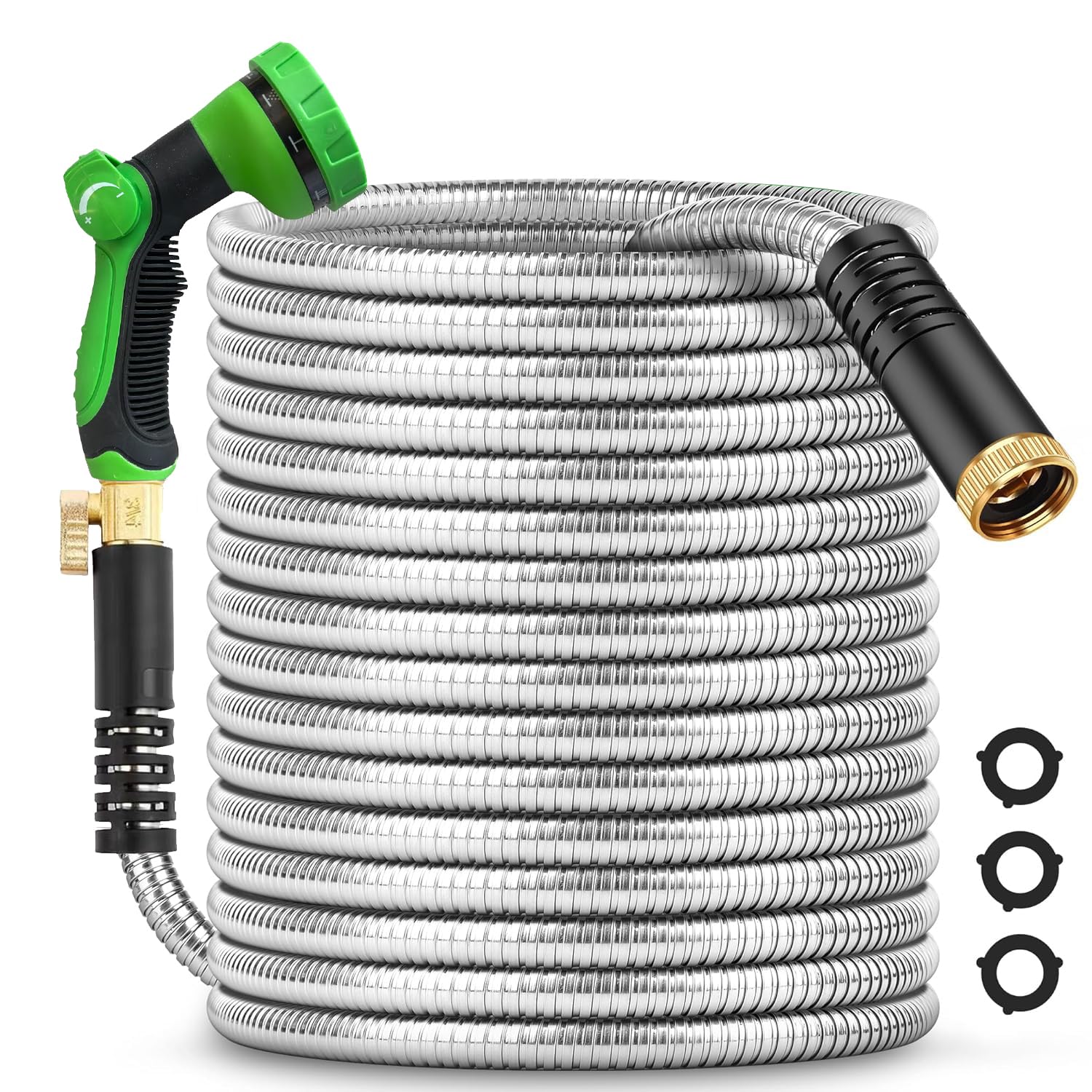 75ft metal garden hose durable stainless steel water hose, flexible, lightweight hose is resistant to kinks and tangles.with 10-way nozzle, strong 3/4” metal fittings, and a stop valve. ( used)