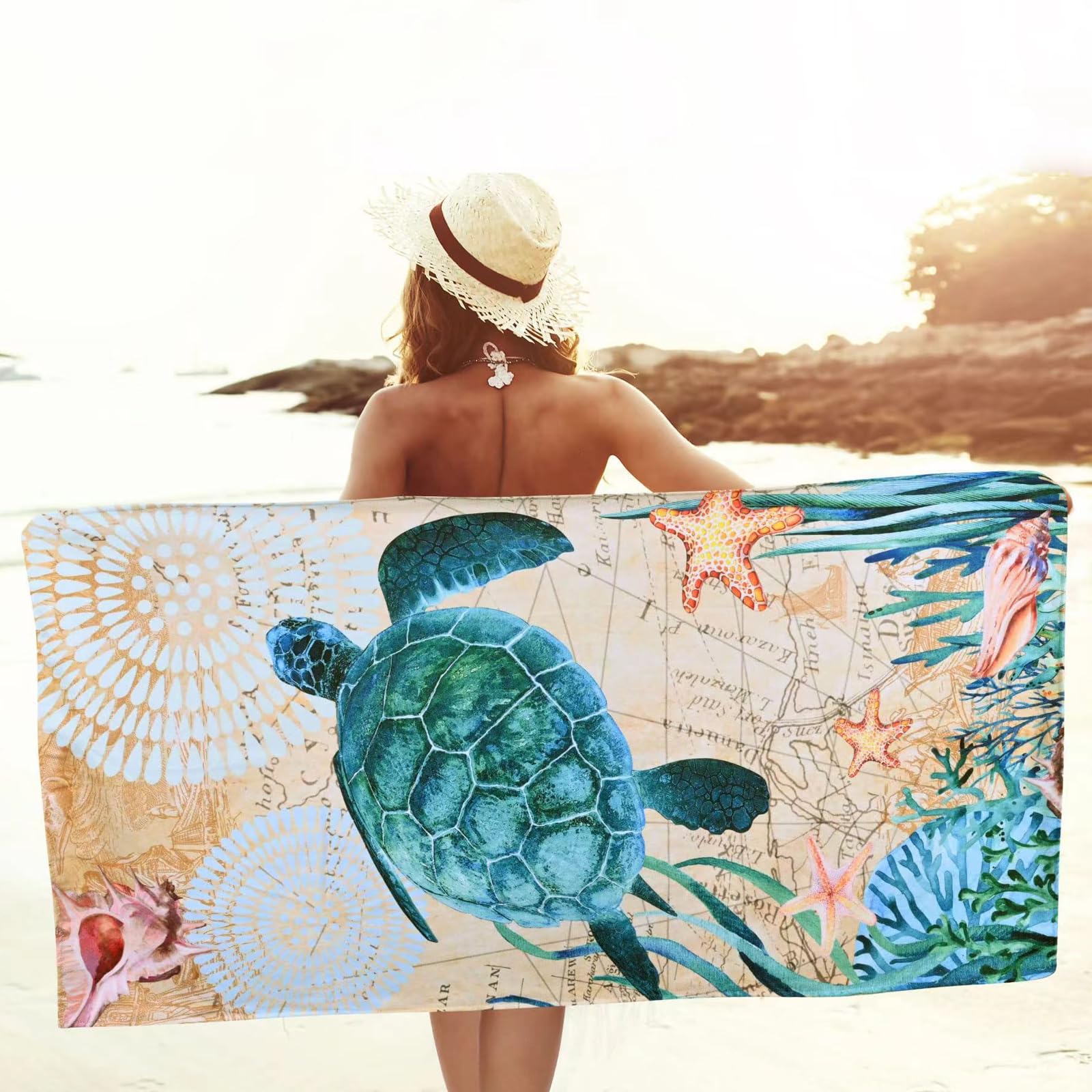 Ręcznik plażowy 90 x 180 cm ręcznik plażowy XXL, bez piasku, z żółwiami morskimi