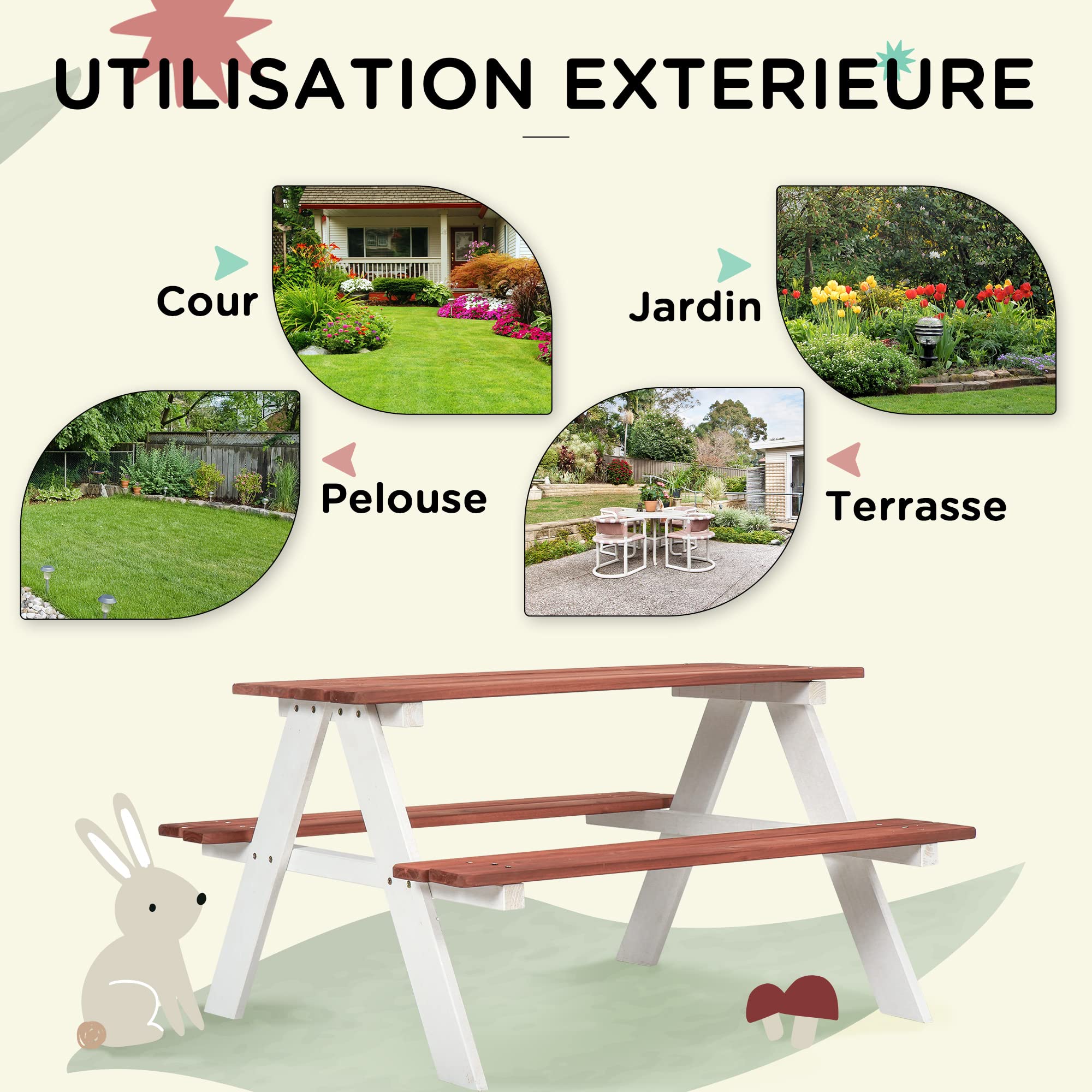 Outsunny Table de Pique-Nique pour Enfants avec 2 bancs | Table pour le jardin en bois massif, 89L x 79l x 50H cm, marron et blanc