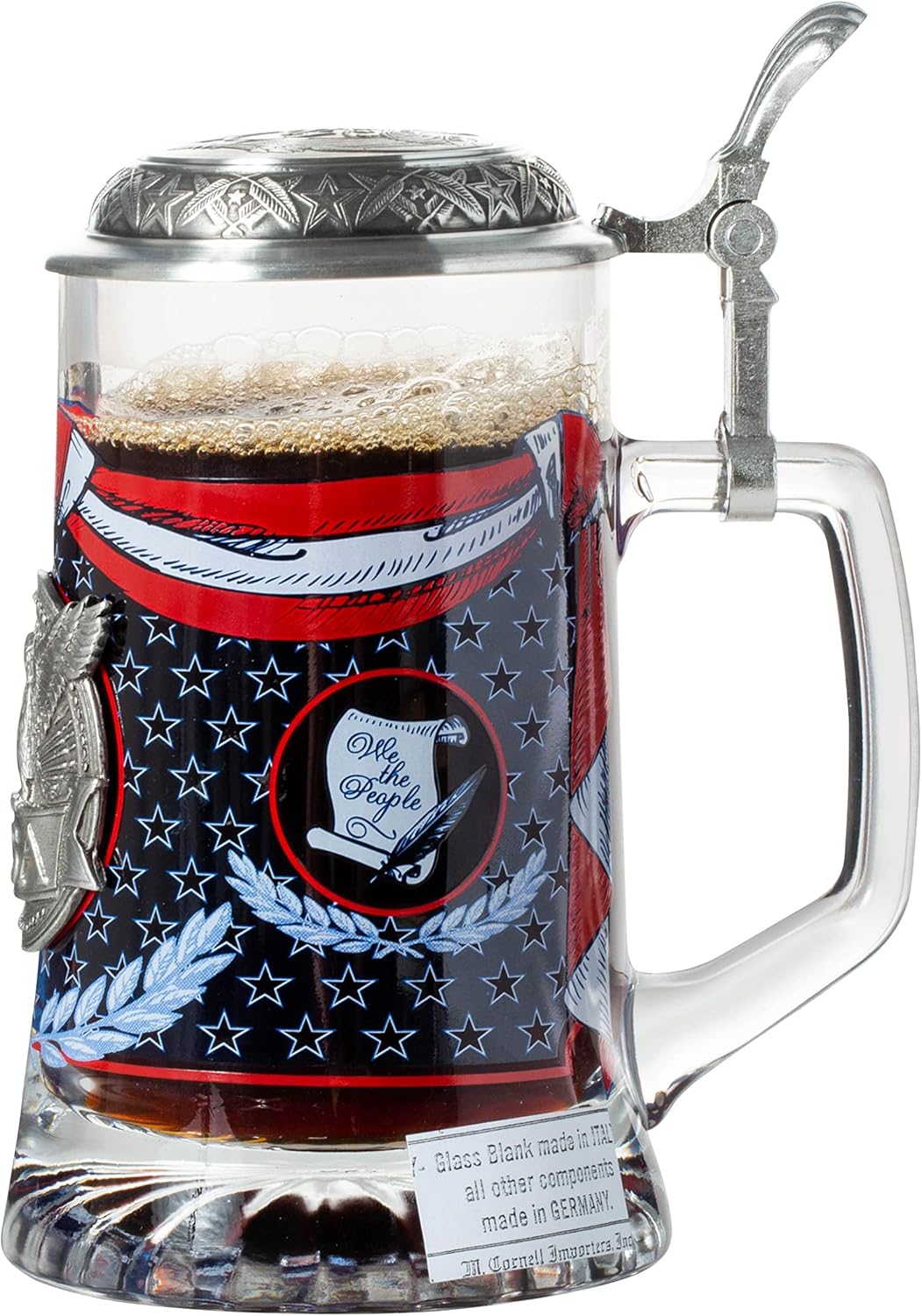 Artisan Owl USA Banner and Bald Eagle Metal Icon Glass Beer Stein with Metal Lid and Thumb Lift