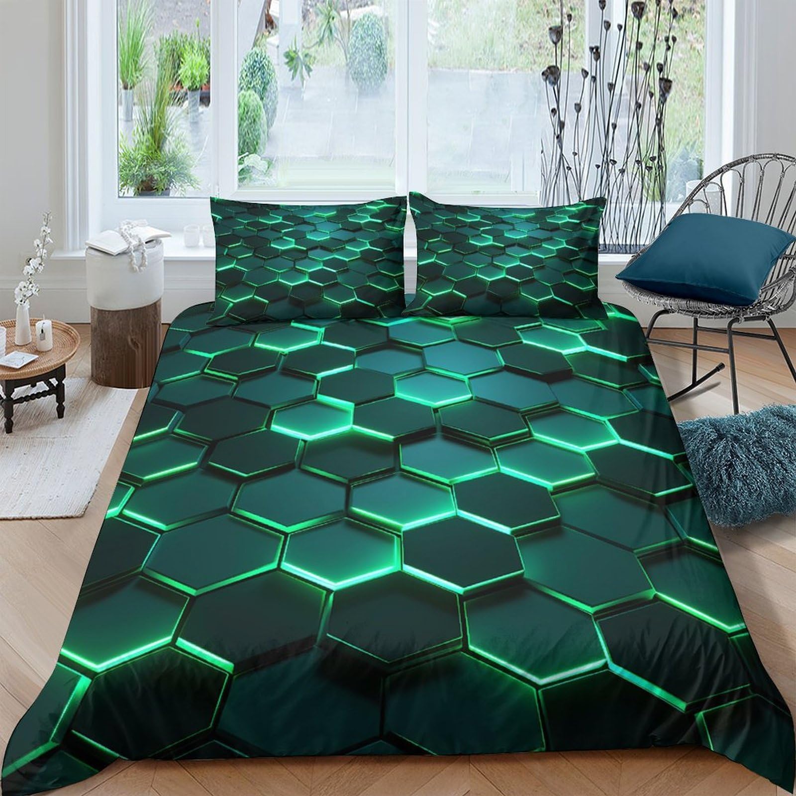 Ctjqhvkz Style-1 3D Printed Neon Hexagon Fitted Sheet Microfiber Geometric Bed Cover For Bedroom Dorm Mattress Protection Decor Single（135X200cm）