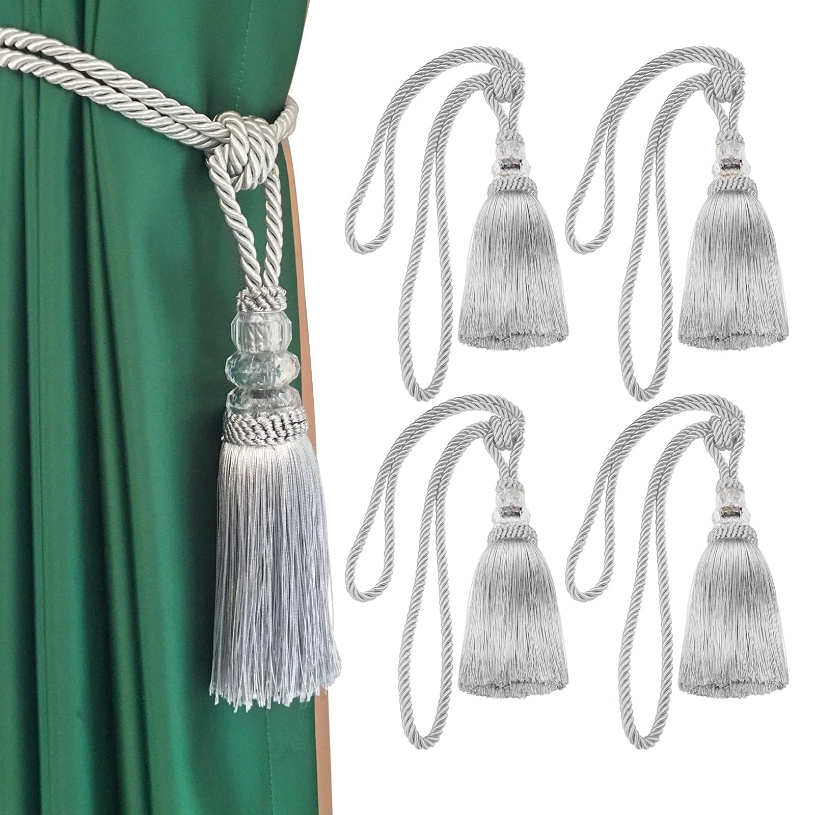 Fenghuangwu Tassel Curtain Tiebacks Handmade Curtain Tie Backs, Elegant Crystal Curtain Holdbacks for Home Office Decor (4, Silver)