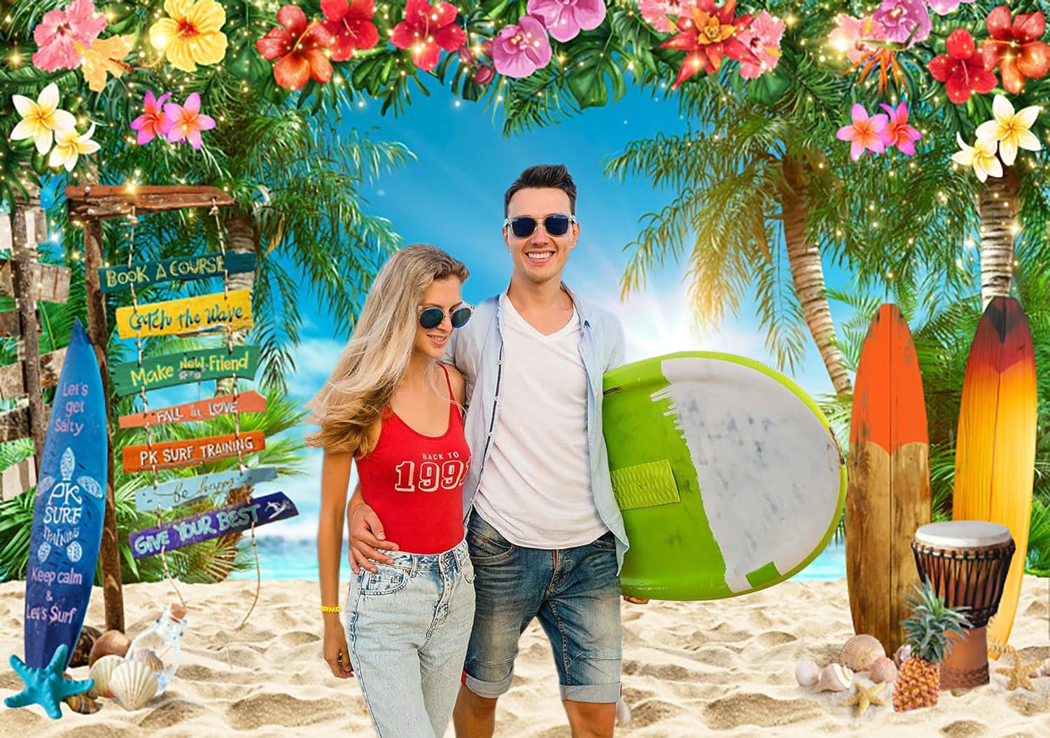3x2m Telón de Fondo Playa Verano Tropical Palm Tree Flor Tabla de Surf Street Sign Azul Cielo Fotografía Fondo Boda Cumpleaños Hawaiian Luau Aloha Fiesta Decoraciones Photo Booth Props