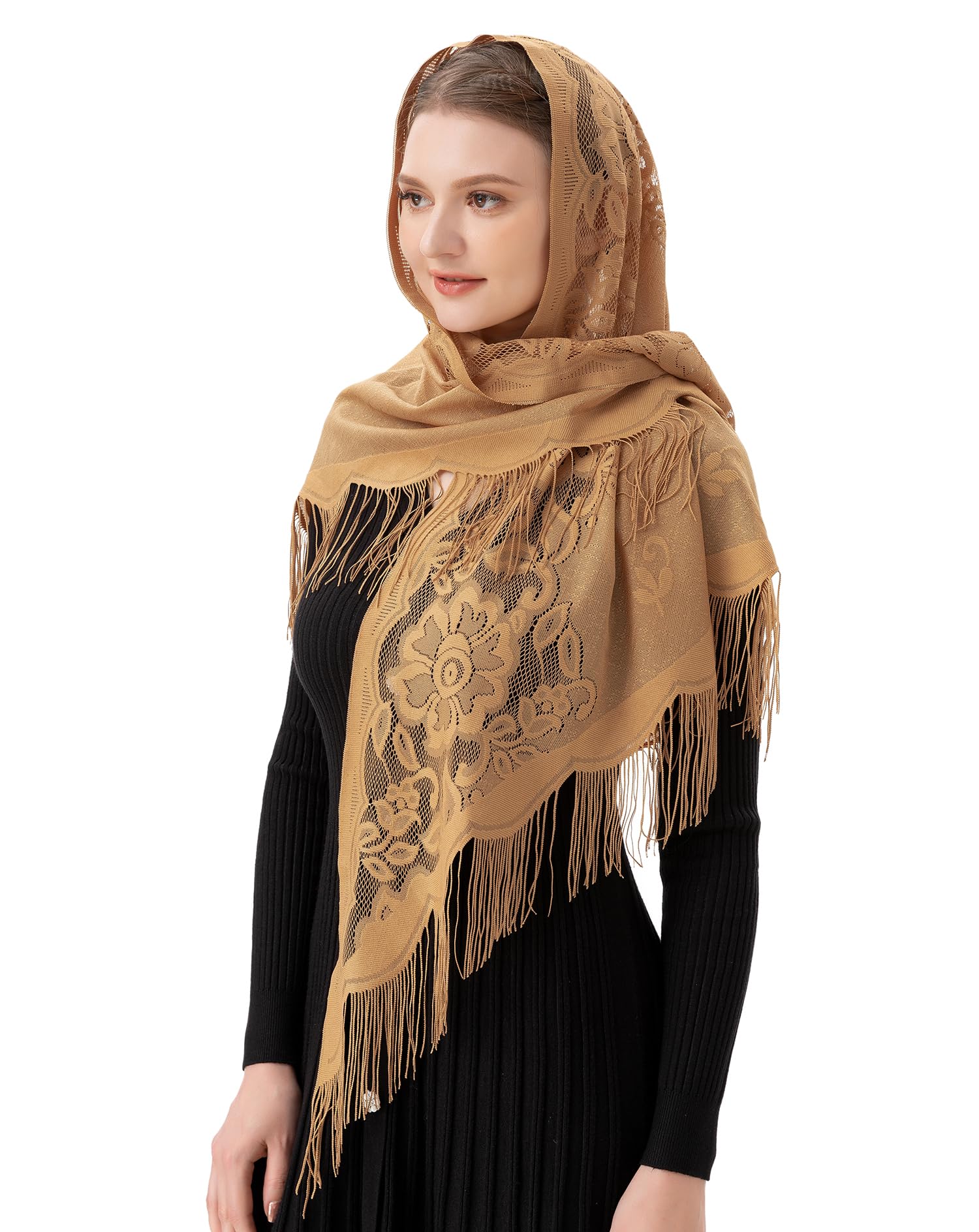 PAMOR Triangle Catholic Church Veil Chapel Veil Scarf Mantilla Veils Wrap Shawl Mass Head Covering with Fringe Trim Beige