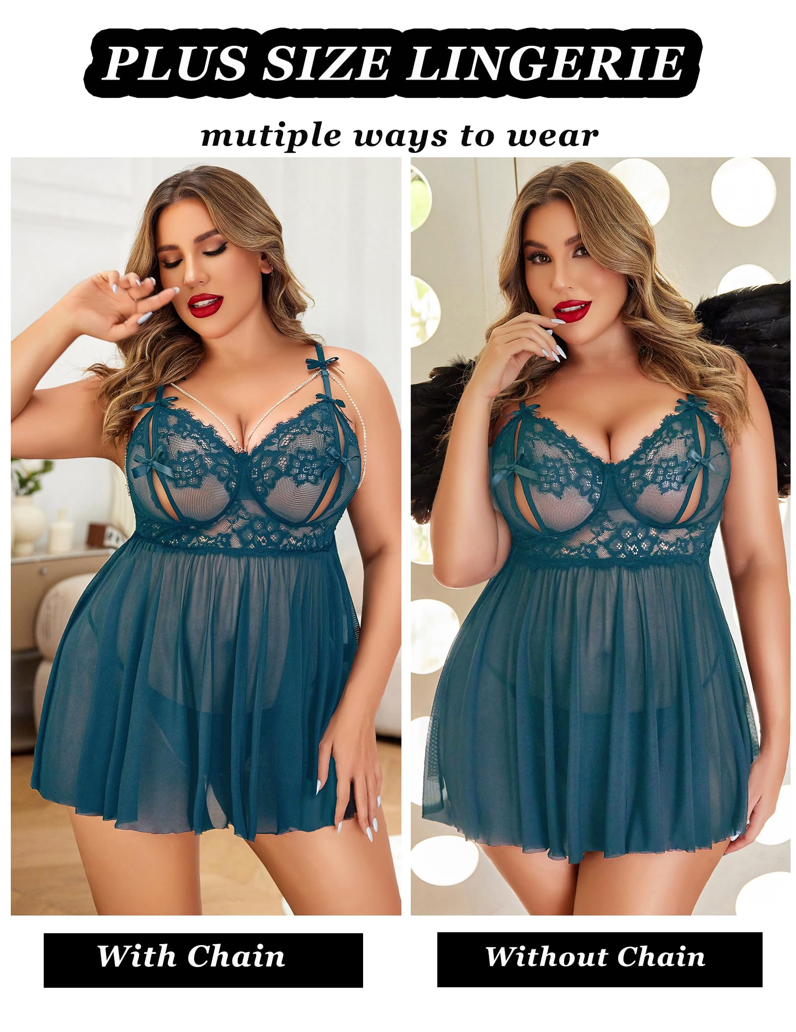 Avidlove Plus Size Lingerie Womens Lace Babydoll Sexy Chemise Sleepwear V Neck Nightgown Mesh Sleepwear Nighty L-5XL