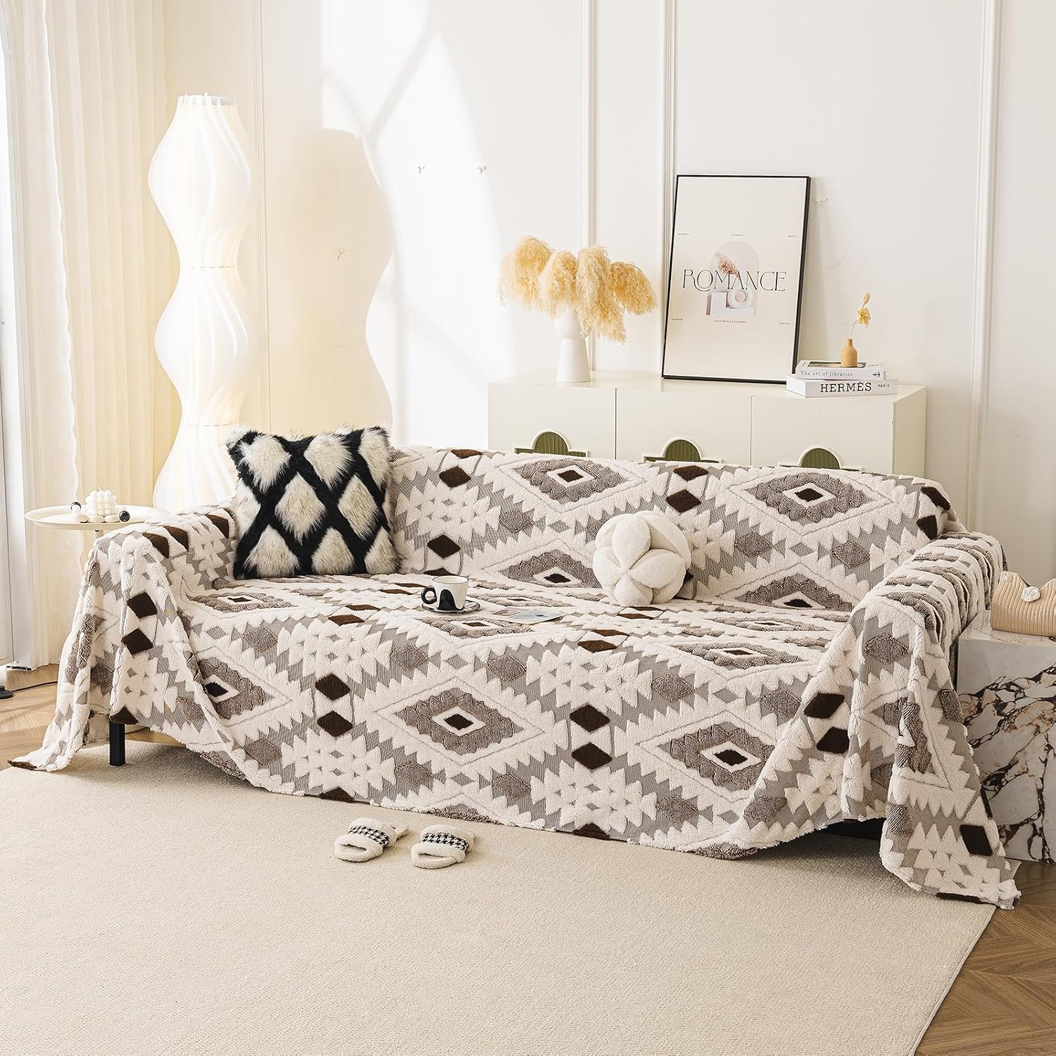 WEYOND Plush Couch Cover, Boho Sofa Cover, 71" x 118", Coffee