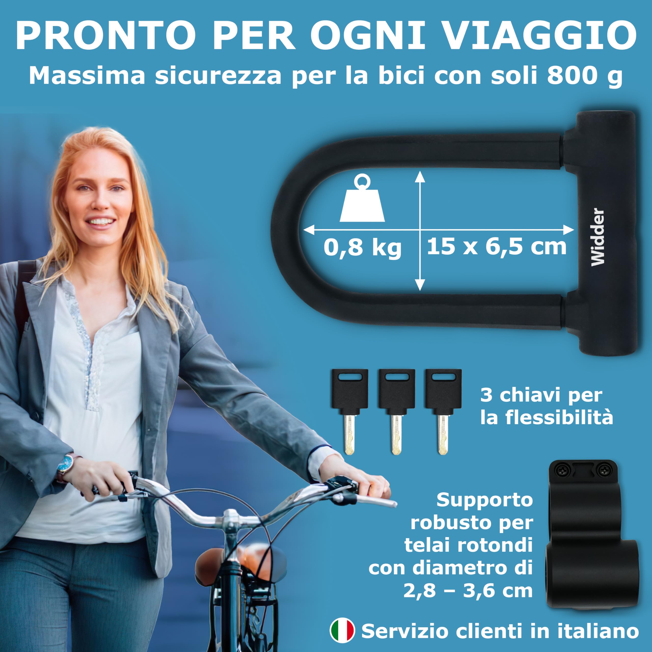 WIDDER piccolo antifurto ad arco [alta sicurezza, 800g] arco in acciaio massiccio da 14 mm – antifurto a U alta sicurezza – supporto & 3 chiavi, lucchetto ad archi e‑bike, e‑scooter, bici da corsa