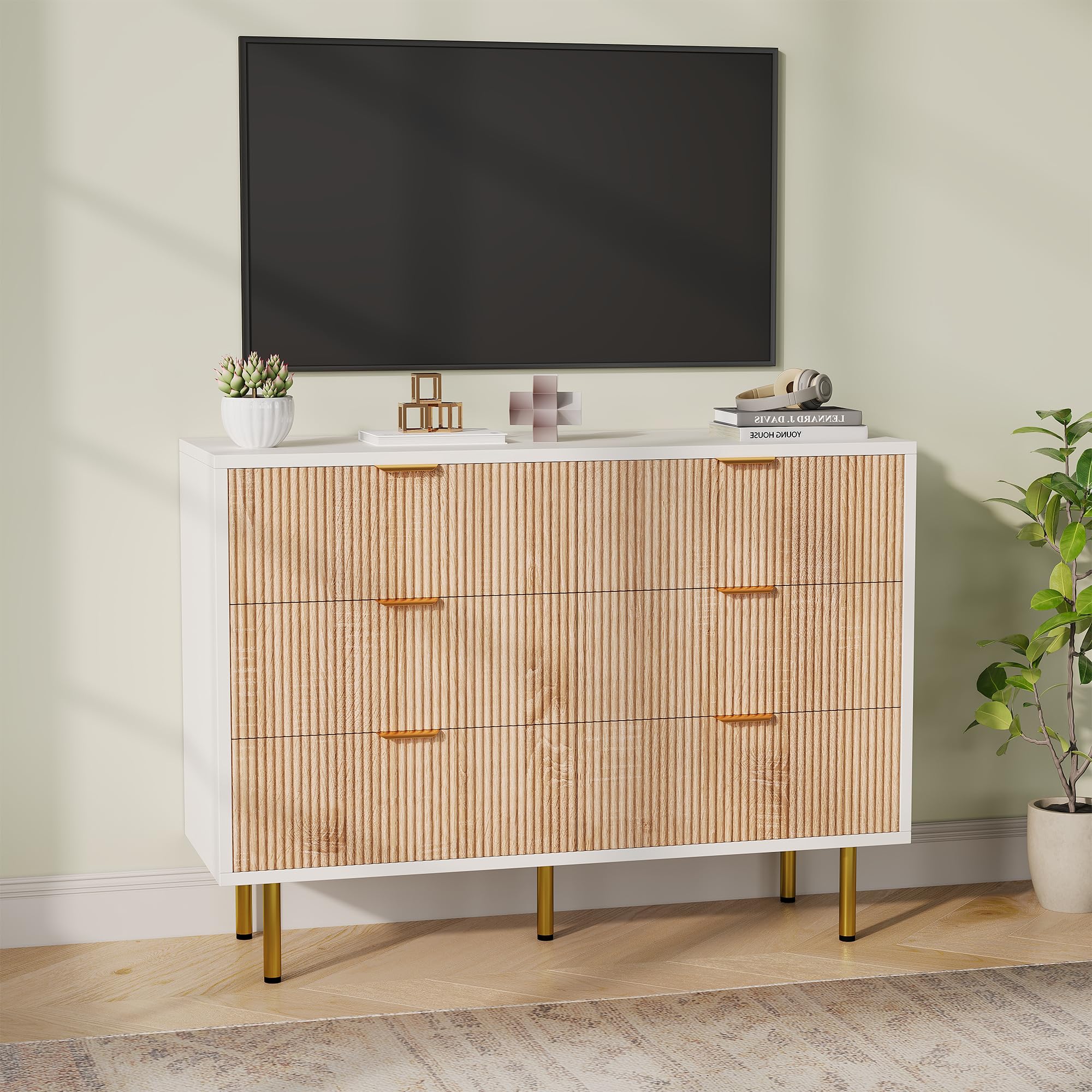 Komoda z 6 szufladami, szafka z szufladami z litego drewna szafka z szufladami niski bufet szafka z szufladami rattan komoda do sypialni stolik nocny z drewna (kolor naturalnego drewna biały, 6
