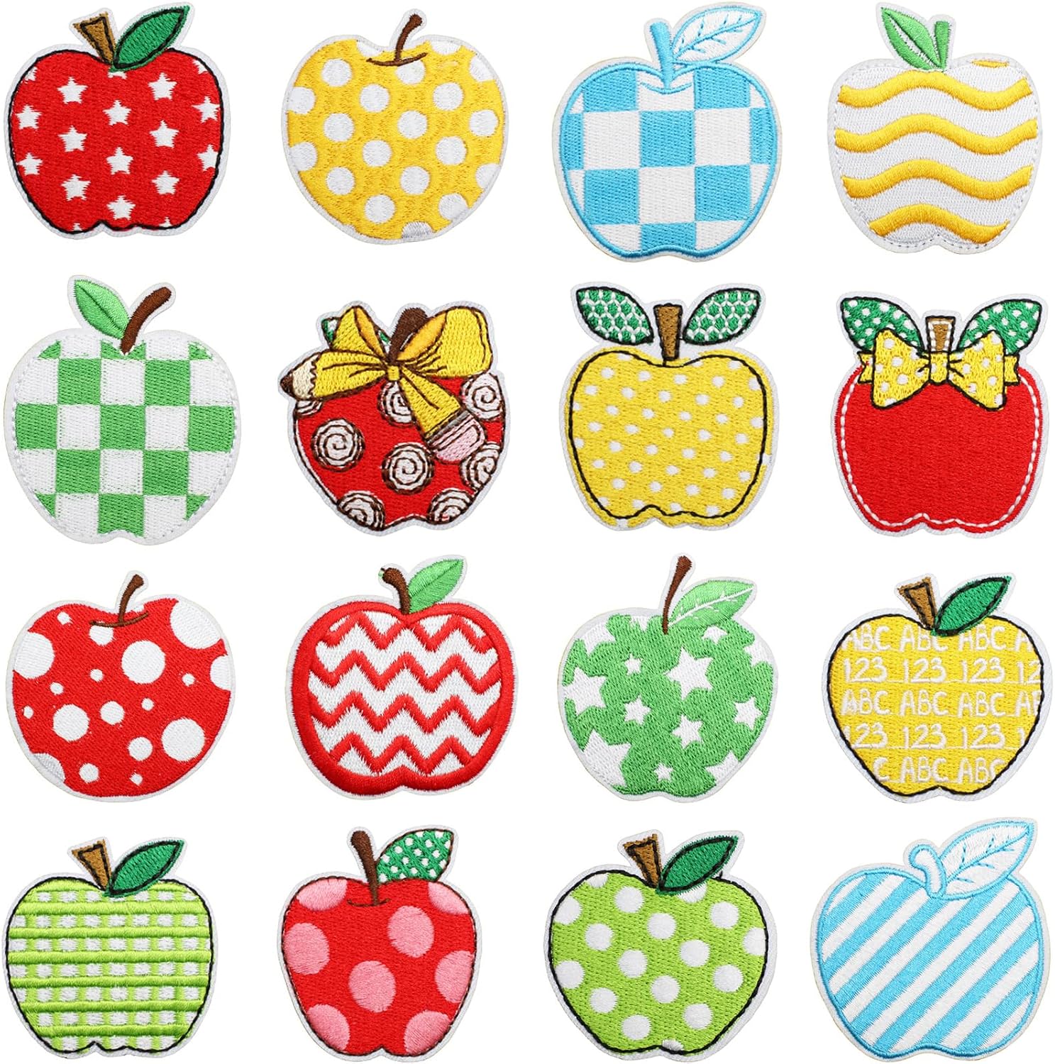 16 Pcs Apple Patches Iron On Checkered/Polka Dot/Stripe Xmas Embroidered Applique DIY Sewing Repair Decorative Patch for Clothes Hats Backpack Jackets