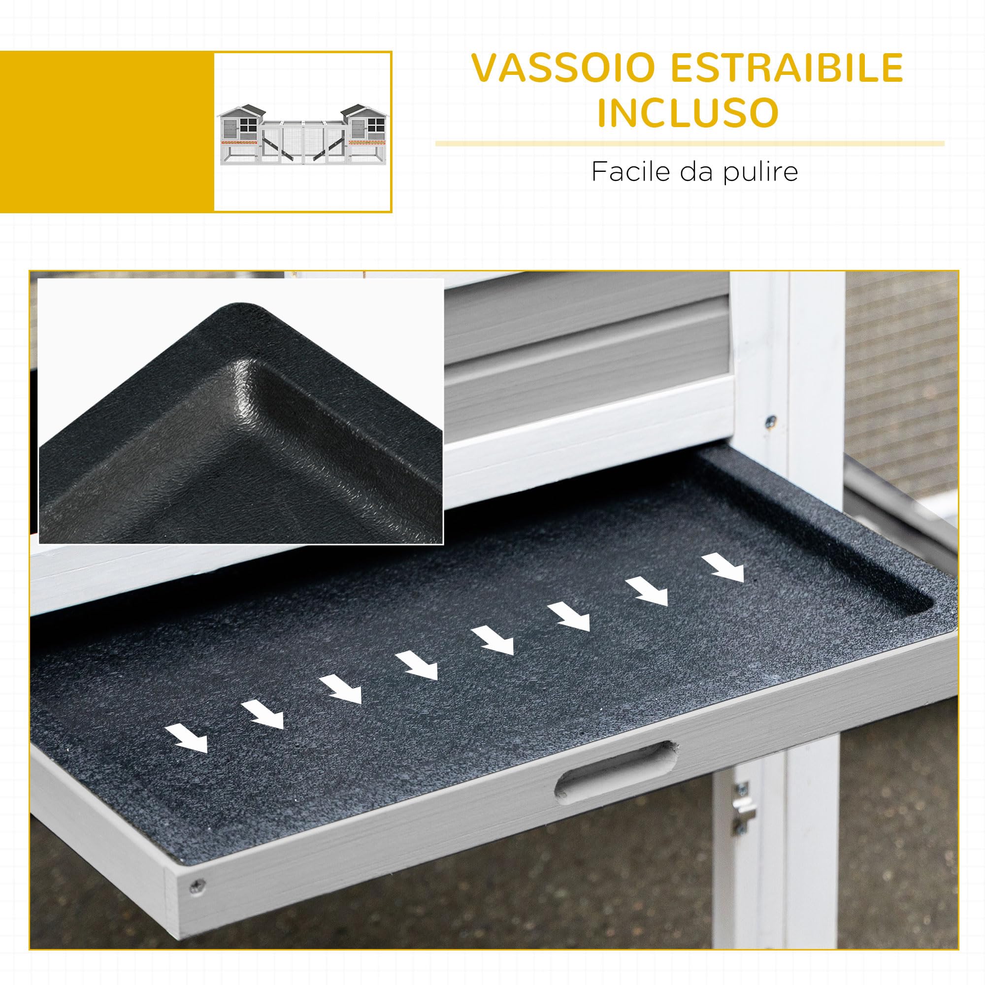 PawHut Conigliera in Legno da Esterno con 2 Casette 259x64x92 cm Grigia | Area Aperta Recintata, Porte, Rampe
