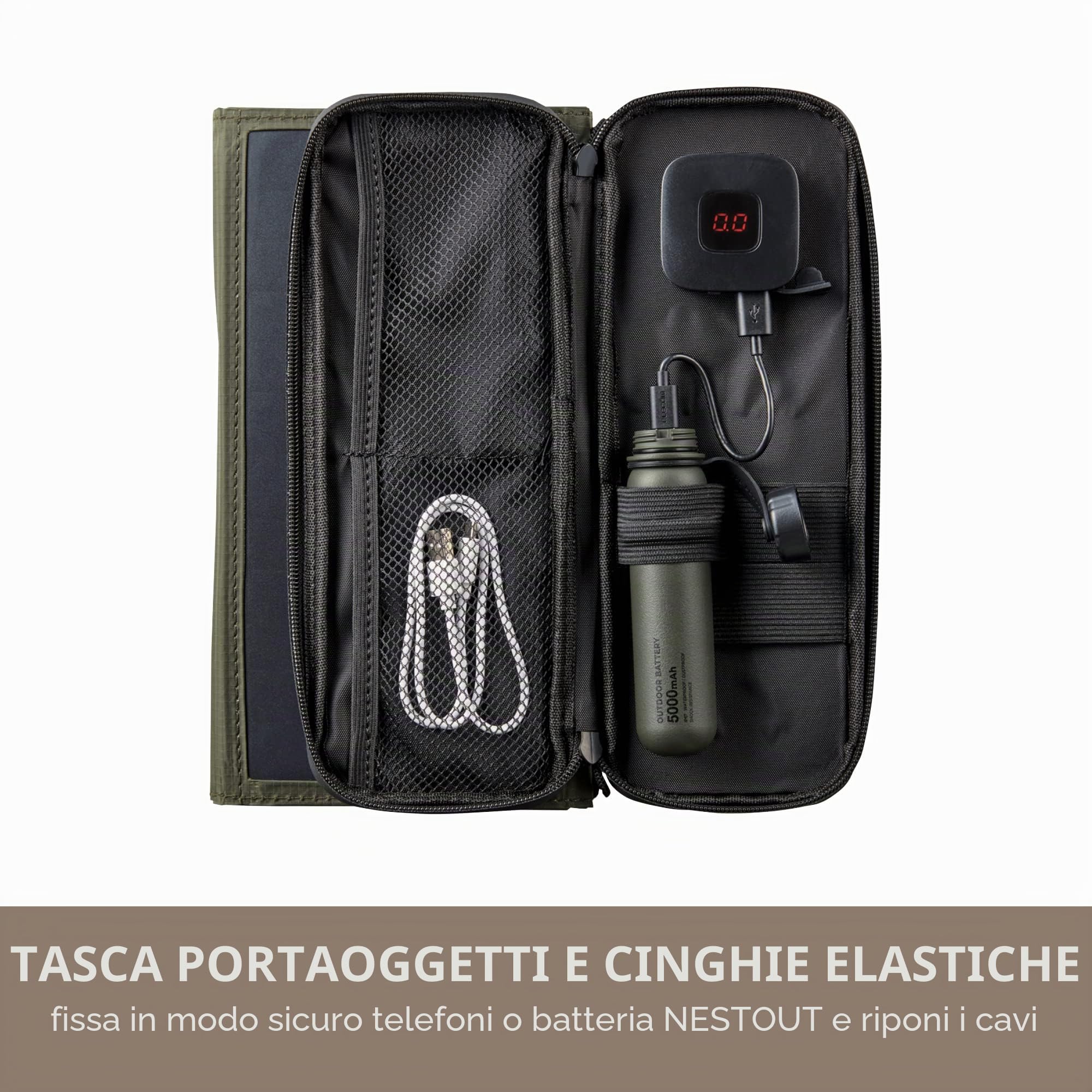 ELECOM NESTOUT - Pannello solare portatile, doppia porta USB-A, caricabatterie per la generazione di energia da 28 W, per telefono da campeggio, in nylon ripstop resistente all'acqua, pieghevole,