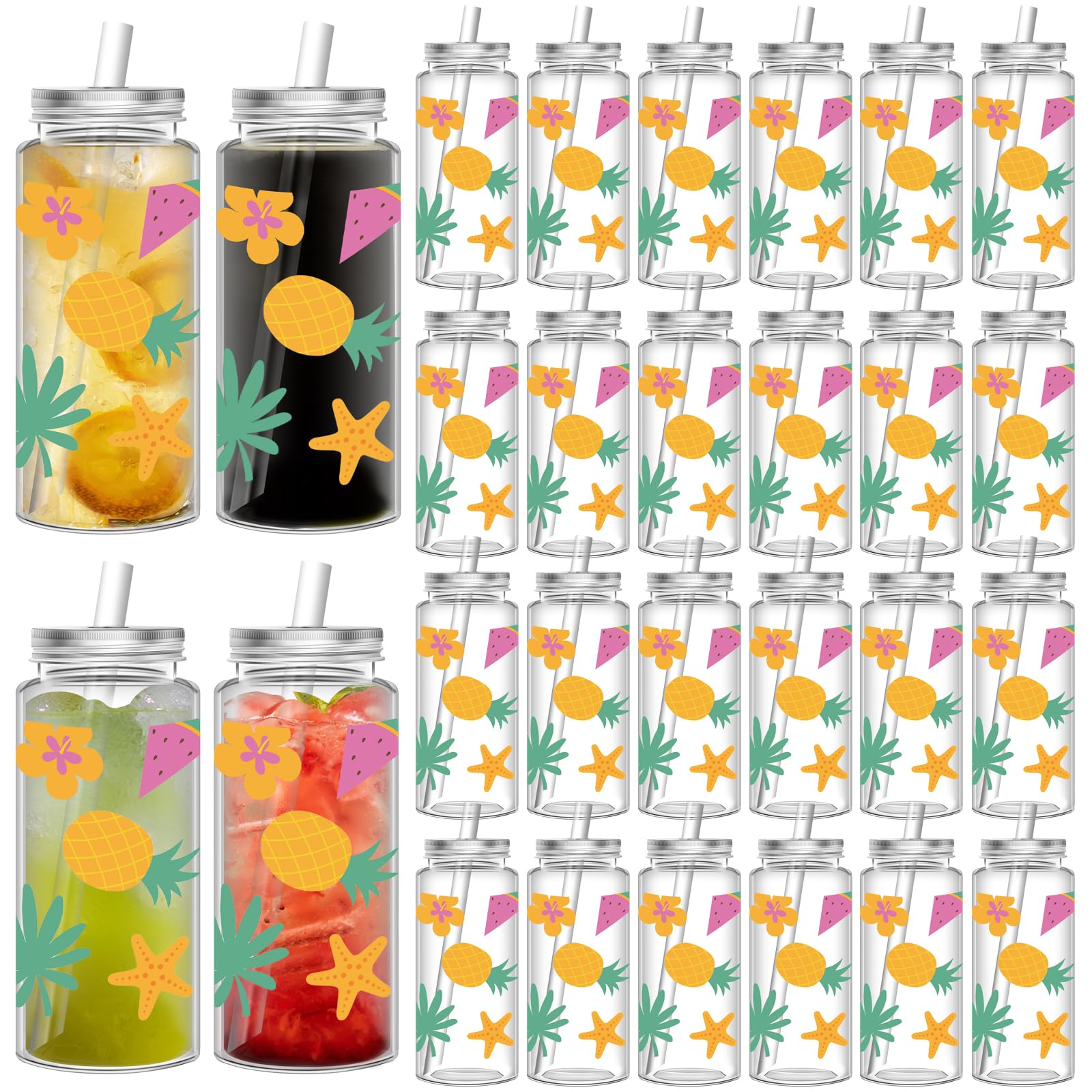 Gosodeny 24 Pcs Hawaiian Plastic Cups with Lids and Straws 14.2 Oz Hawaiian Cups with Lids and Straws Summer Reusable Plastic Tumblers Coffee Tea Hot