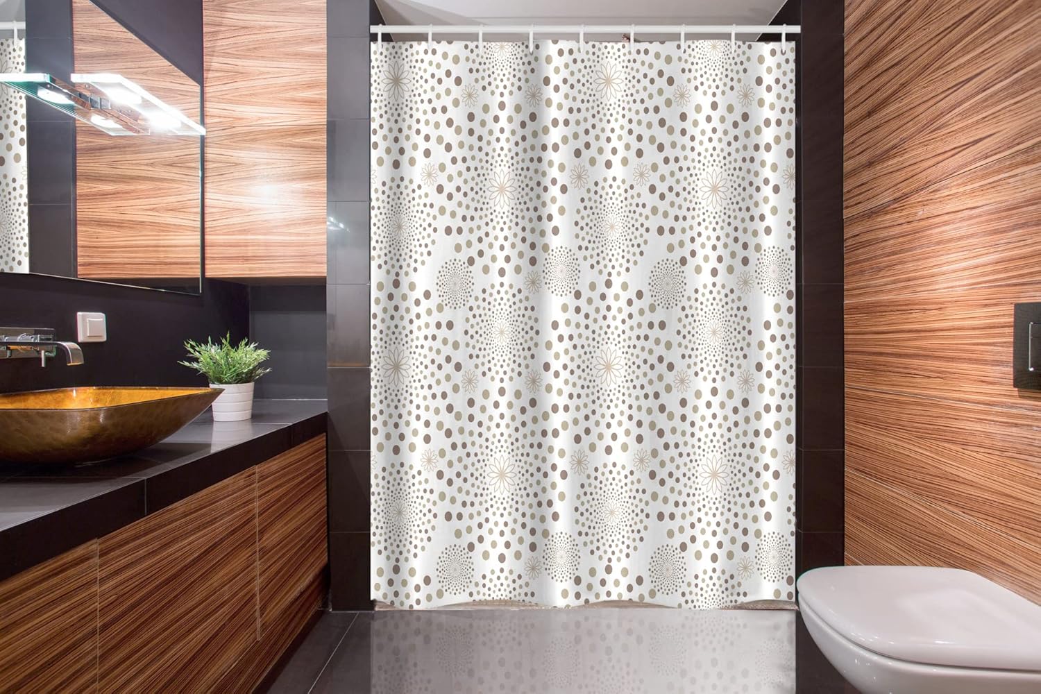 Ambesonne Geometric Stall Shower Curtain, Geometrical Floral Patterns Dots Monochromic Classic Nostalgia Circles, Fabric Bathroom Decor Set with Hooks, 54" W x 78" L, Warm Taupe Cocoa
