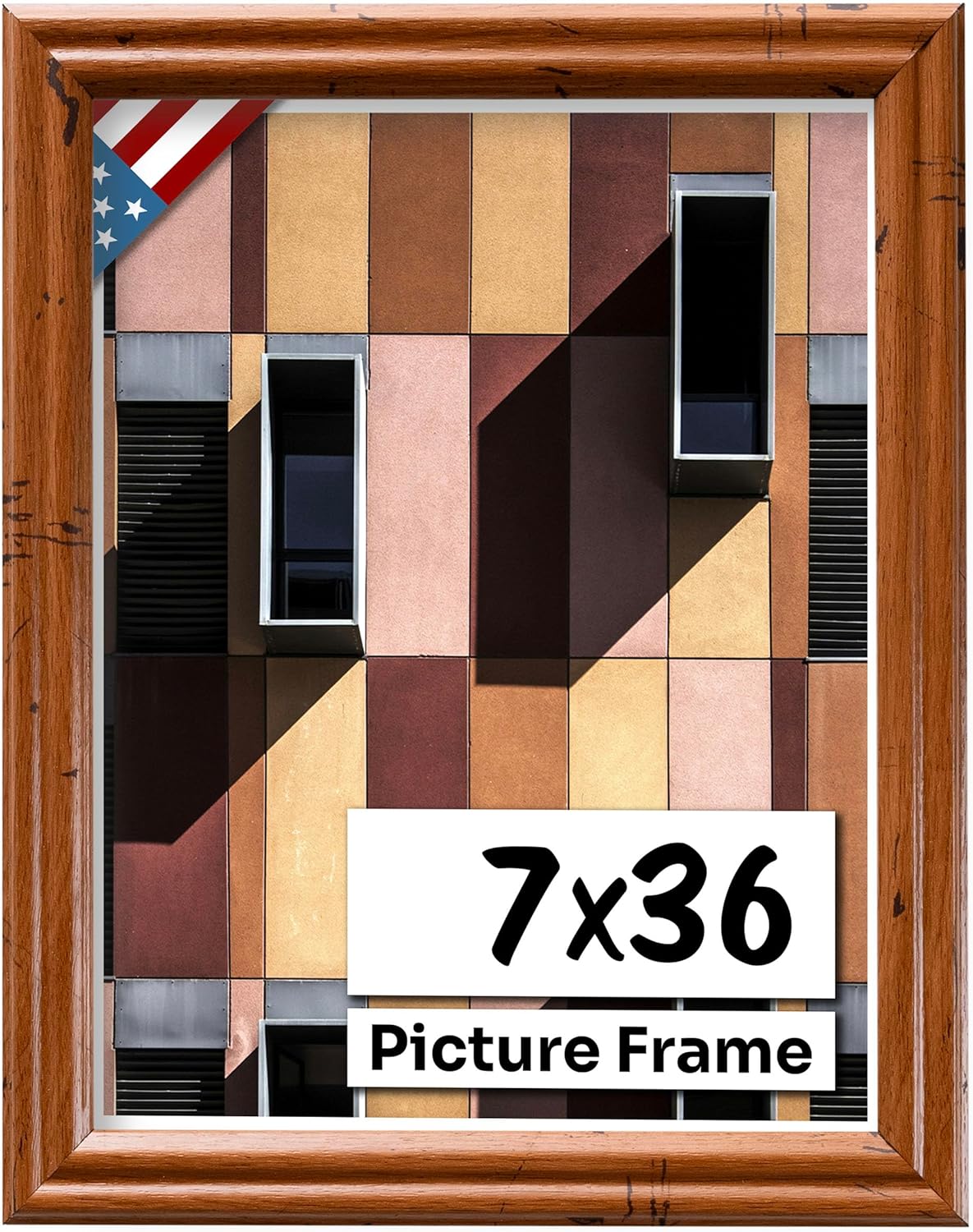 Distressed Oak 7x36 Picture Frame .75" Inch Wide - Handmade American Solid Wood Picture Frames with Preinstalled Hangers and UV Blocking Plexiglass Frames