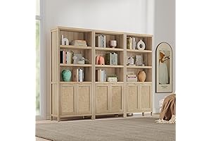 Bookcase 5 Tier Bookshelves Rattan Boho Tall Book Case with Doors, Natural 3PCS